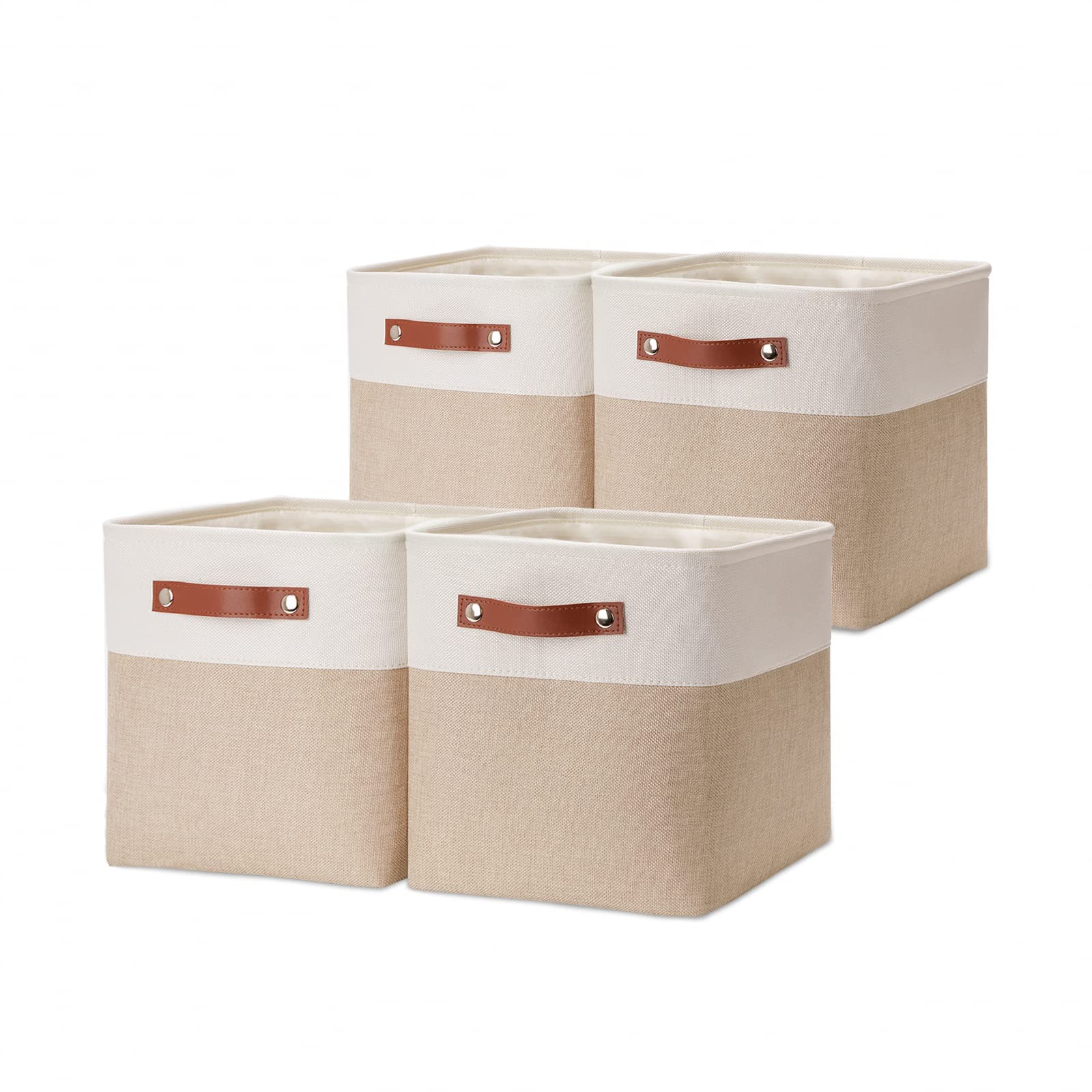 HNZIGE Foldable (4 Pack ) Storage Baskets for Shelves  Organizing Closet 12x12 Baskets for Cube Storage Home Organization with Handles(White&Beige )