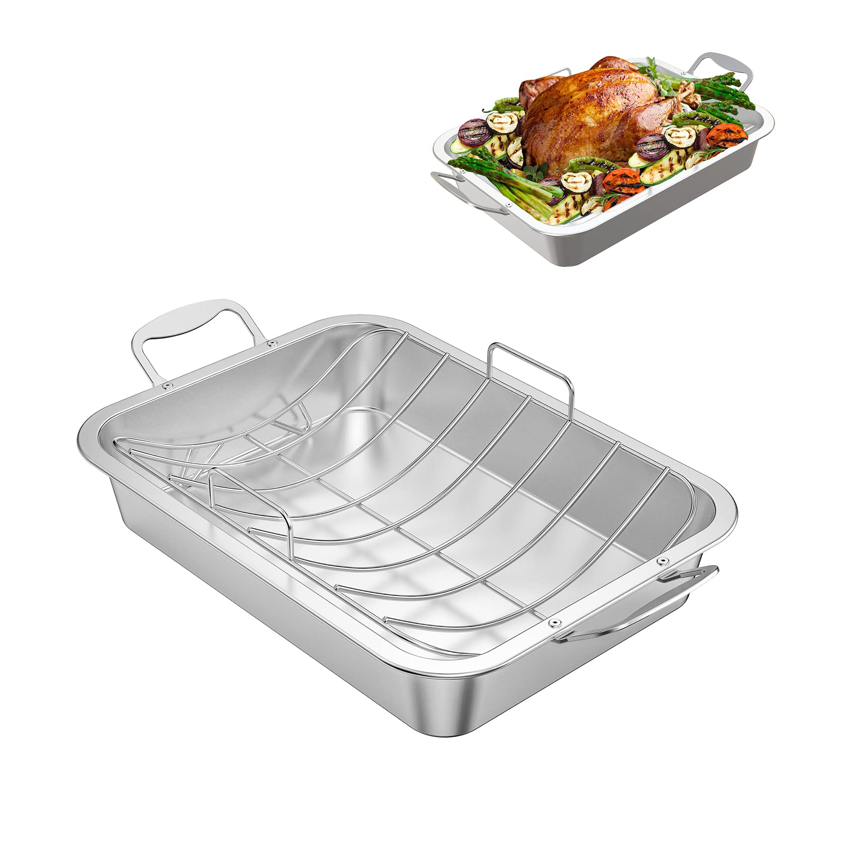 Skyflame Roasting Pan With Rack, Stainless Steel Silver Rectangular Barbecue Bakeware Roaster Pan With Nonstick U-Rack For Indoo