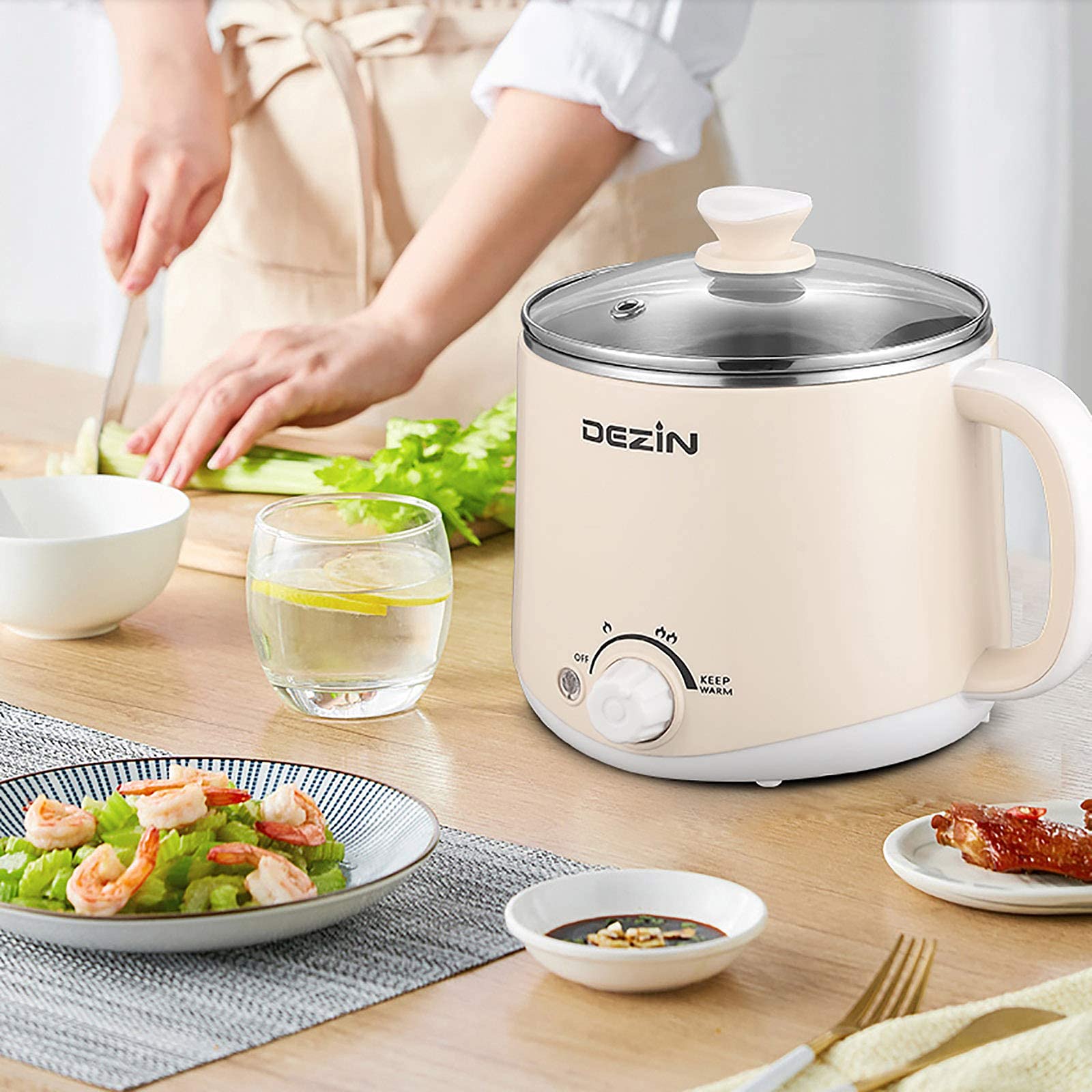 DEZIN Electric Pot, 1.6L Stainless Steel Ramen Cooker with Temperature Control, Beige, Model GLH-830