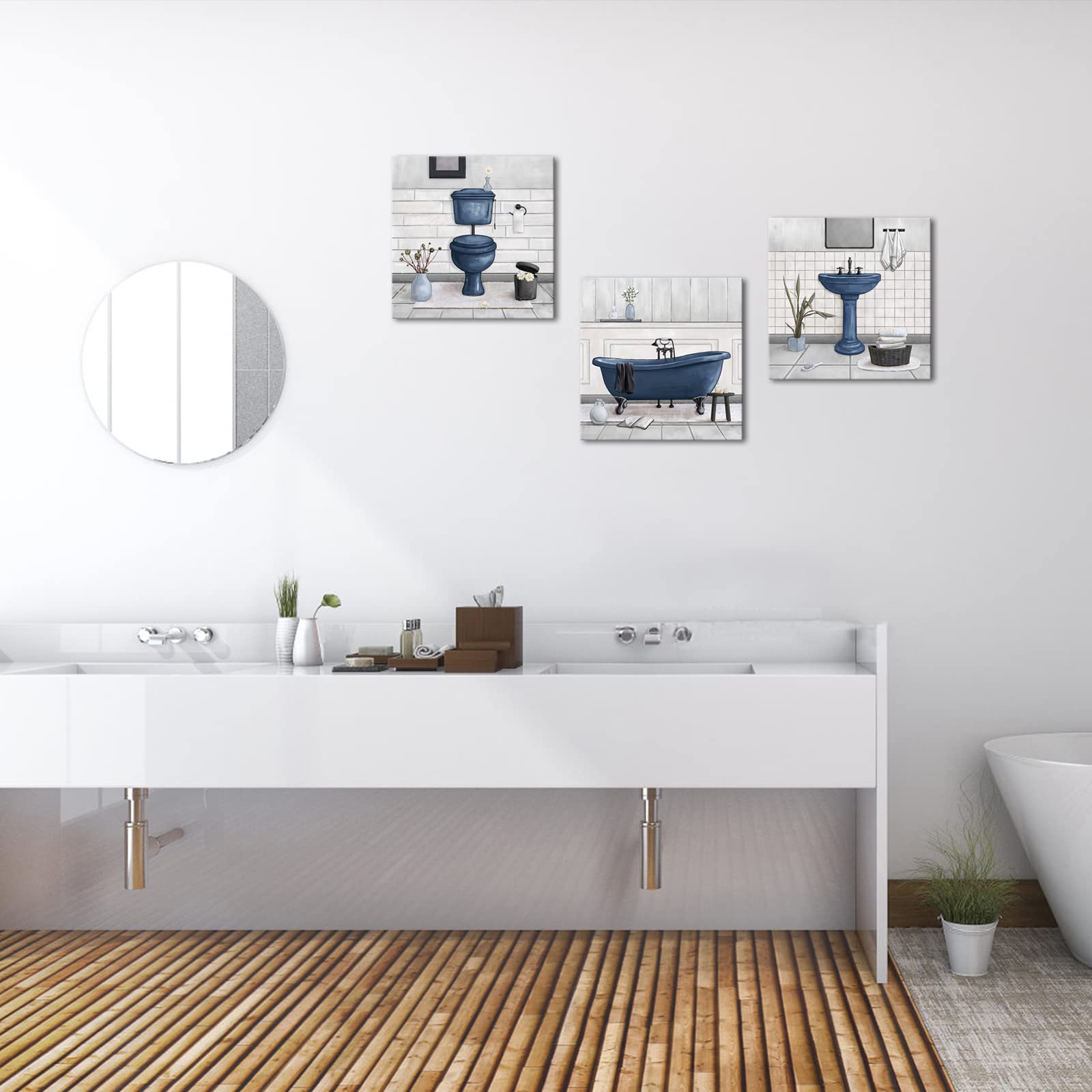 Homeoart Bathroom Wall Art Bath Tub Painting Picture Bathroom Wall Decor Framed Ready To Hang 12X12Inchx3,Deep Blue