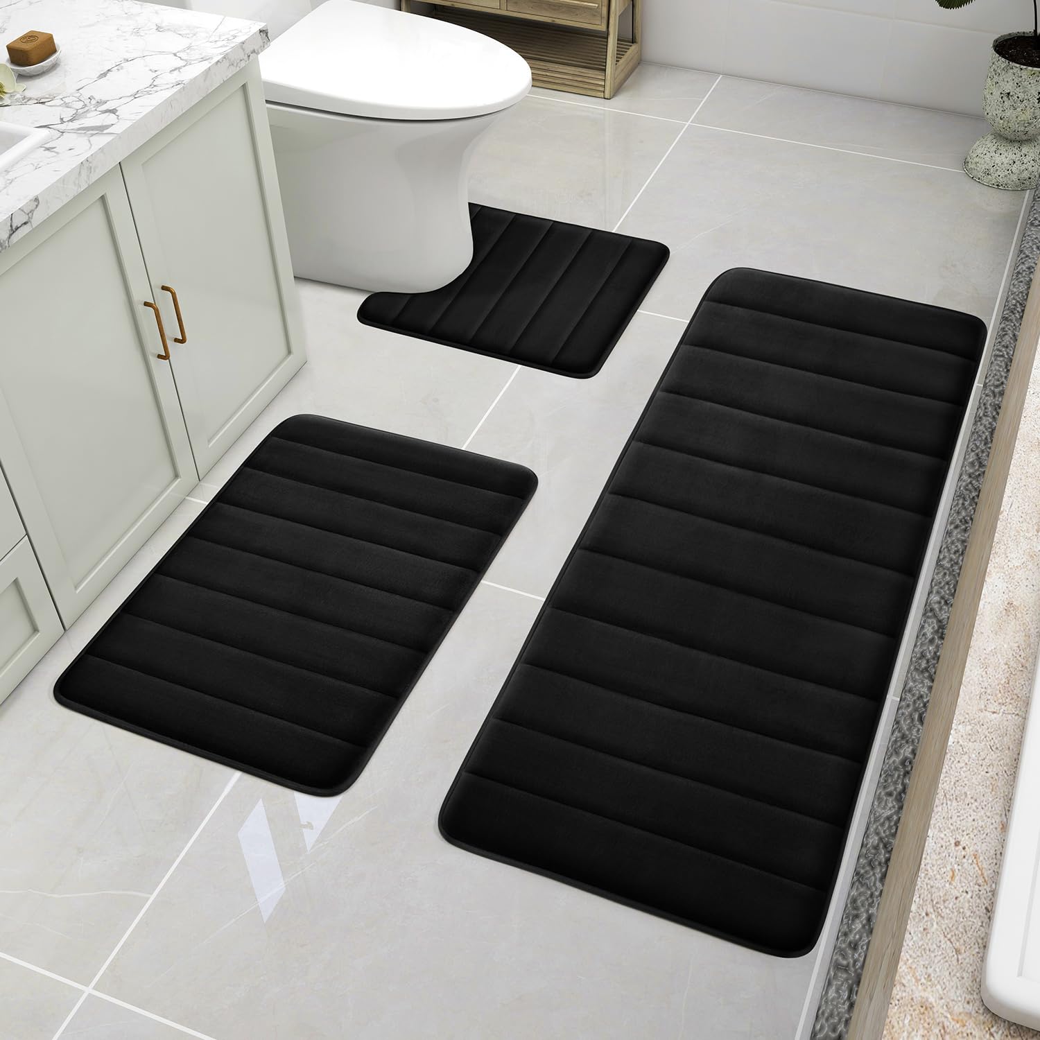 Bysure Black Memory Foam Bathroom Rug Set 3 Piece, Non Slip Extra Soft Absorbent Bath Mats, Machine Washable & Dry Toilet Mat Se