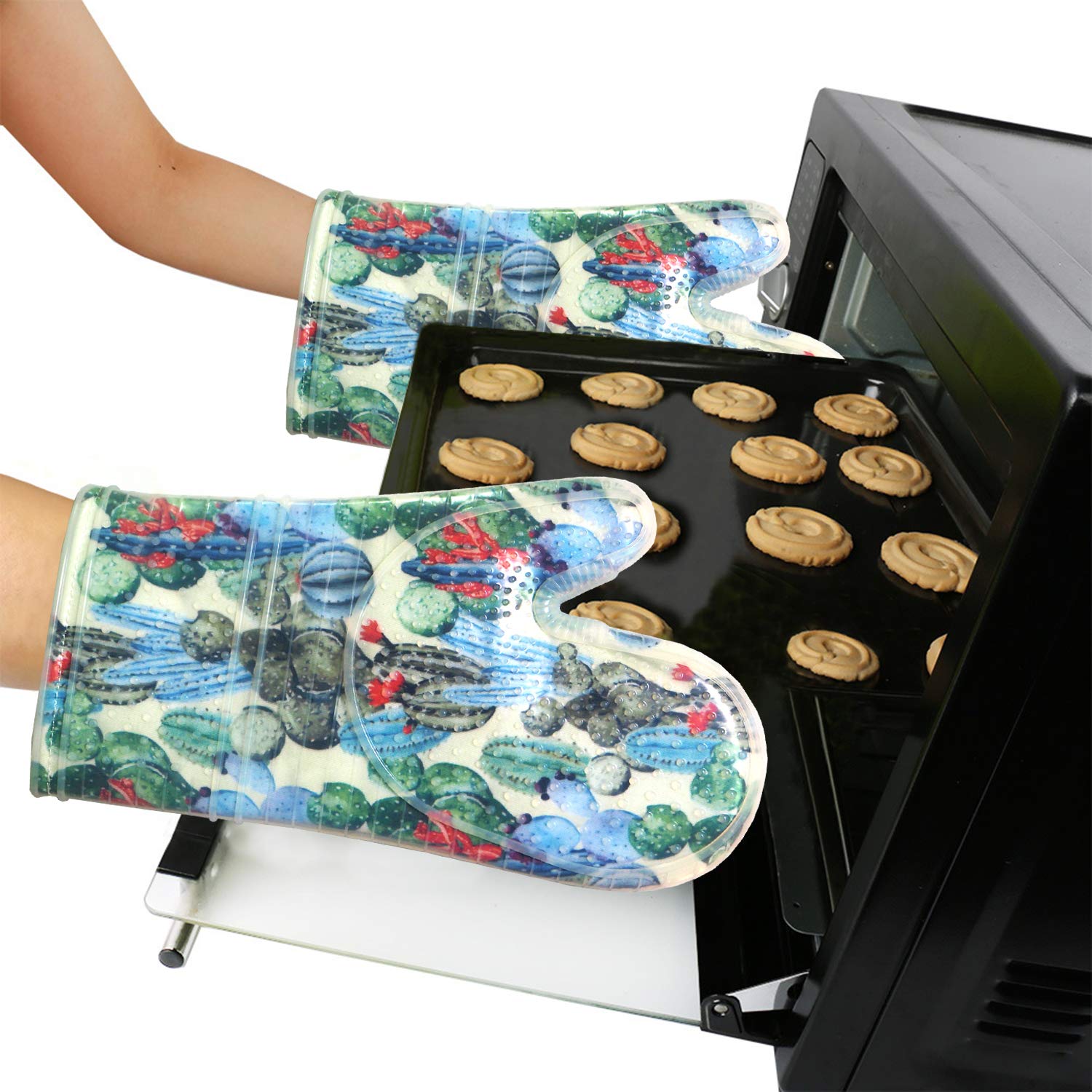 Oven Mitts Set Of 2 With Transparent Clear Silicone Shell And Nice Fruit Flower Cotton Lining, Heat Resistant To 500 F Kitchen O