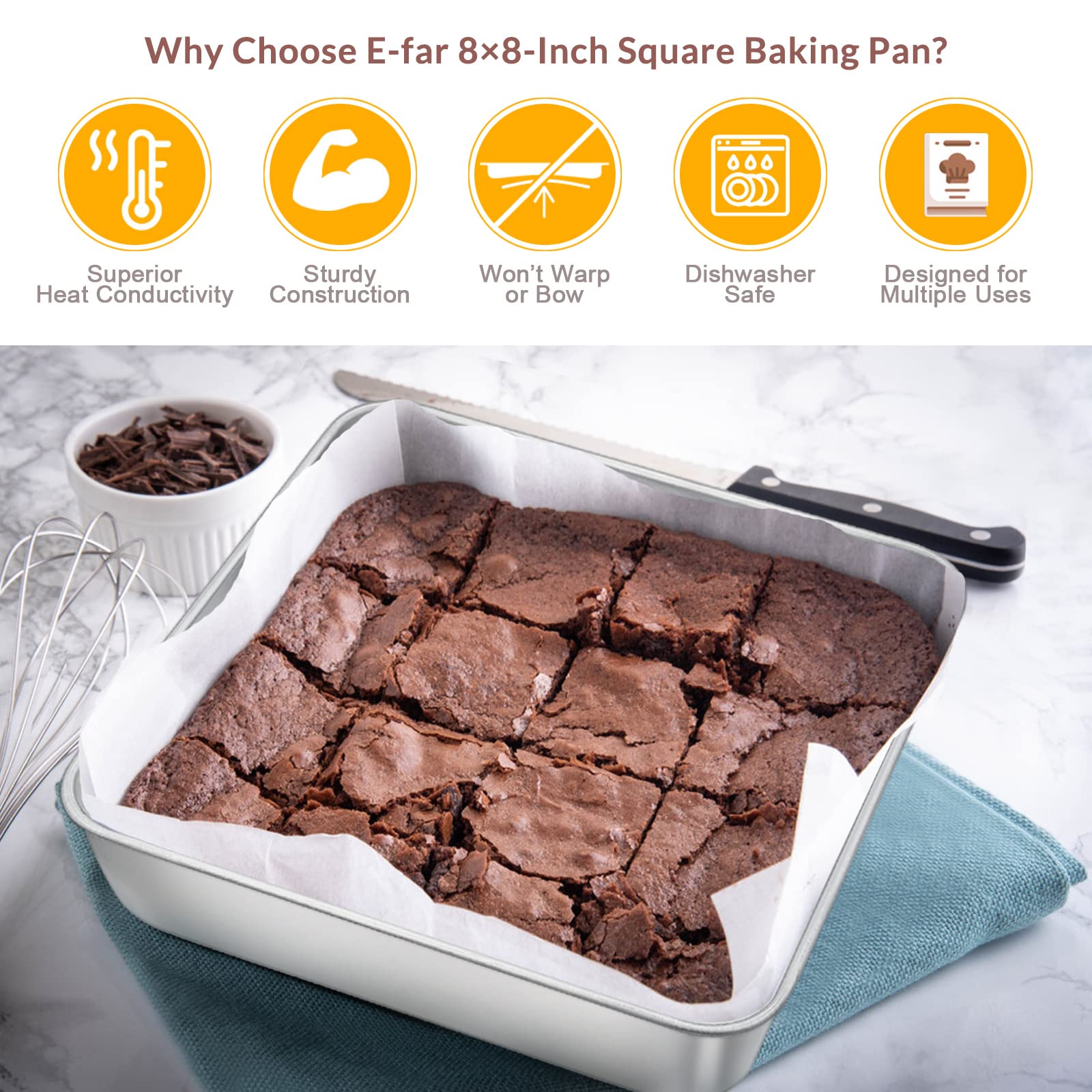 E-Far 6/8/9-Inch Square Cake Pan Set, Stainless Steel Square Baking Brownie Pans Metal Bakeware Set Of 3, Non-Toxic & Healthy, E