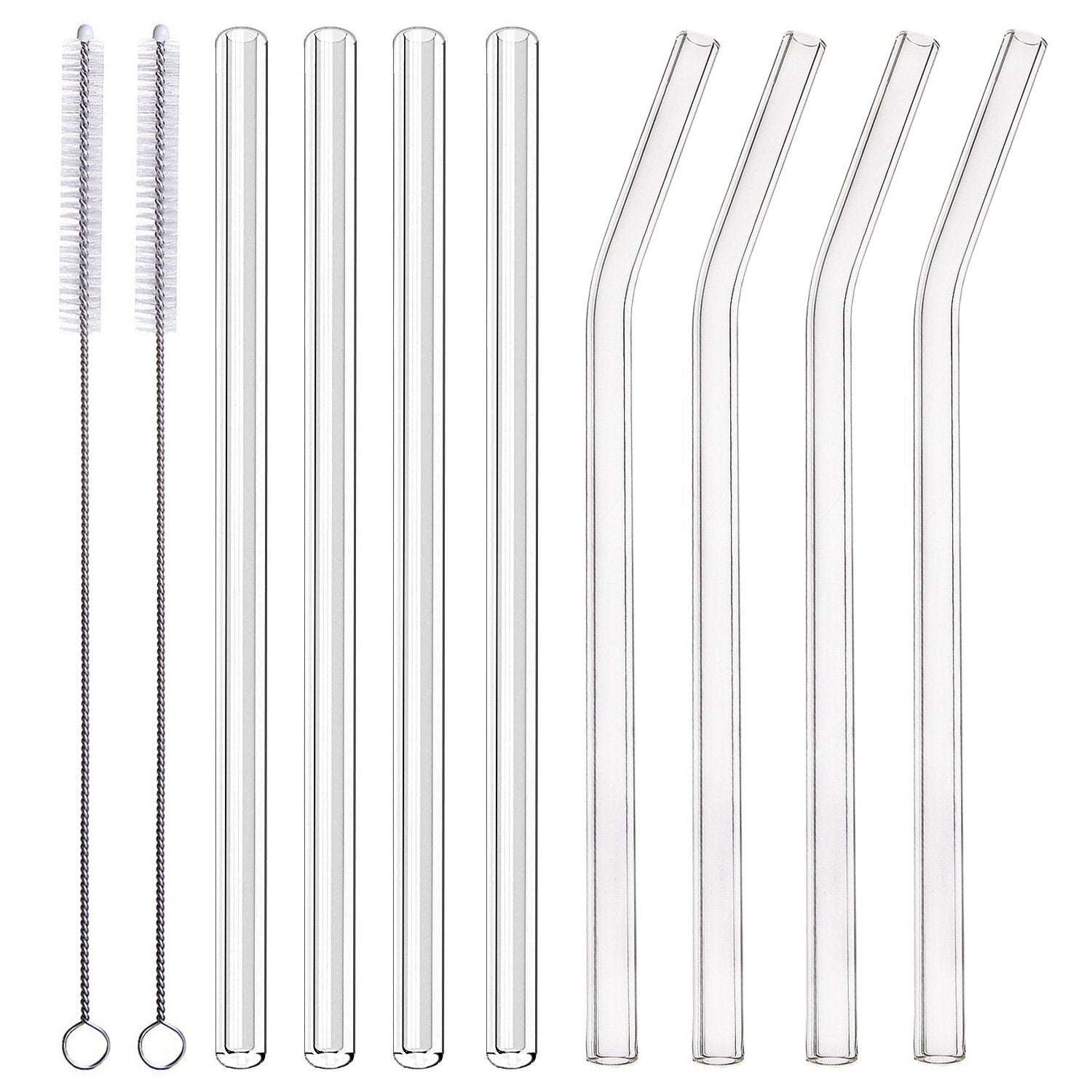 ALINK Glass Smoothie Straws, 10 x 10 mm Long Reusable Clear Drinking Straws, Pack of 8 with 2 Cleaning Brush,