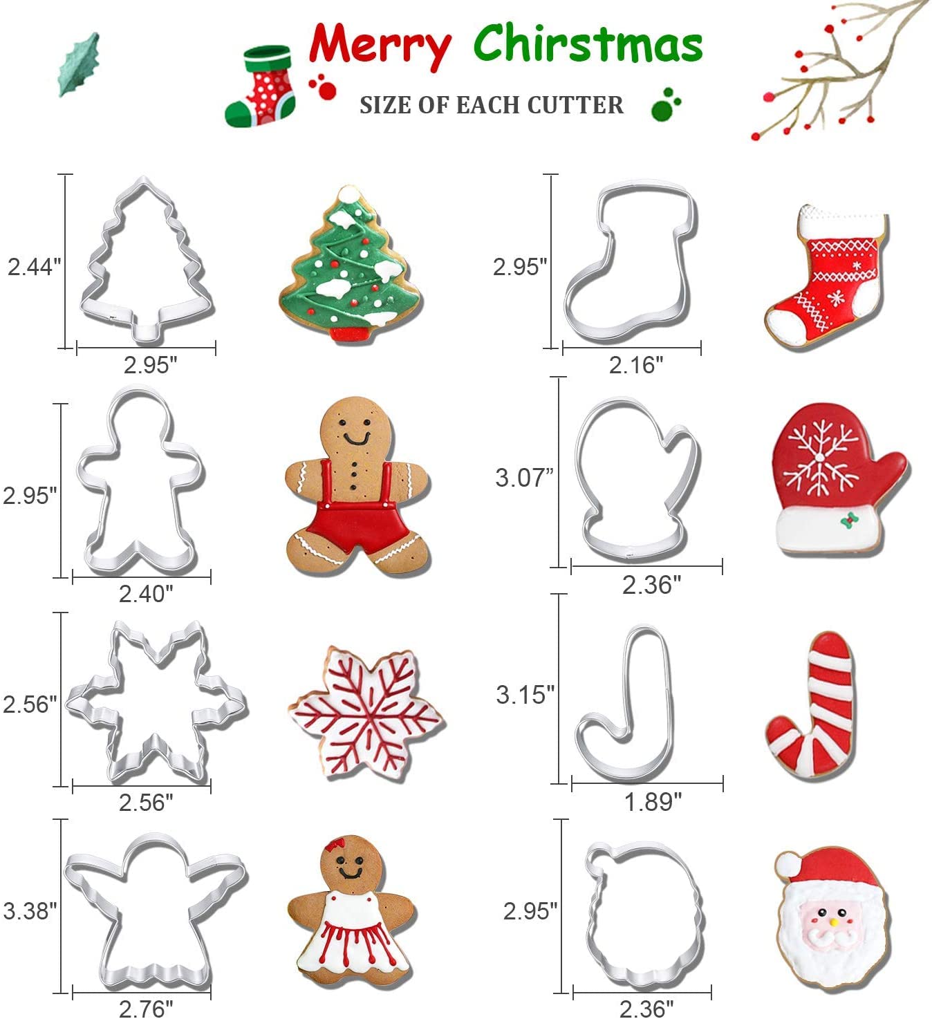 Christmas Cookie Cutters, 8Pcs Winter Holiday Cookie Cutter Set, Stainless Steel Metal Cutter With Gingerbread Men,Christmas Tre