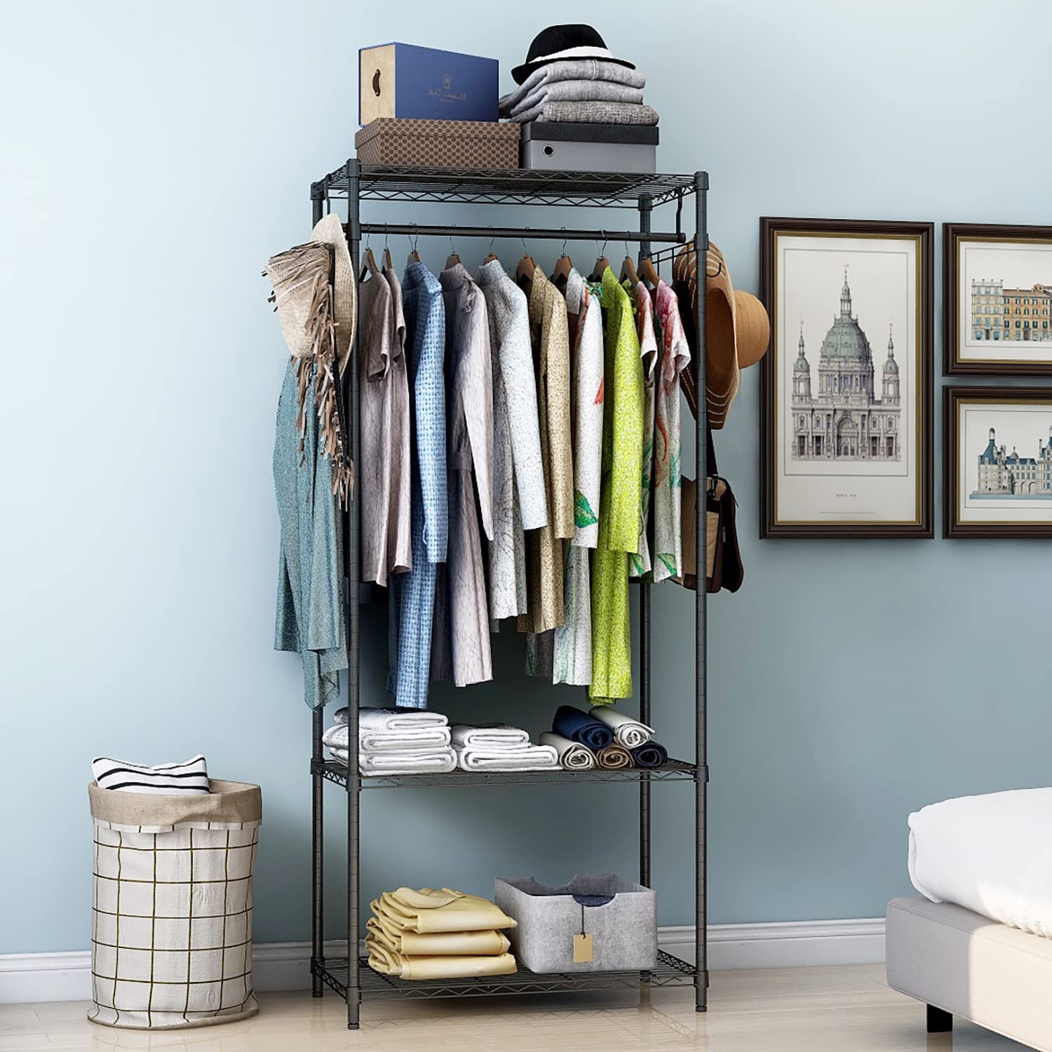 Xiofio 3 Tiers Heavy Duty Clothing Rack, Metal Garment Rack Coat Rack, Clothes Rack With 2 Side Hooks,Hanging Adjustable Garment