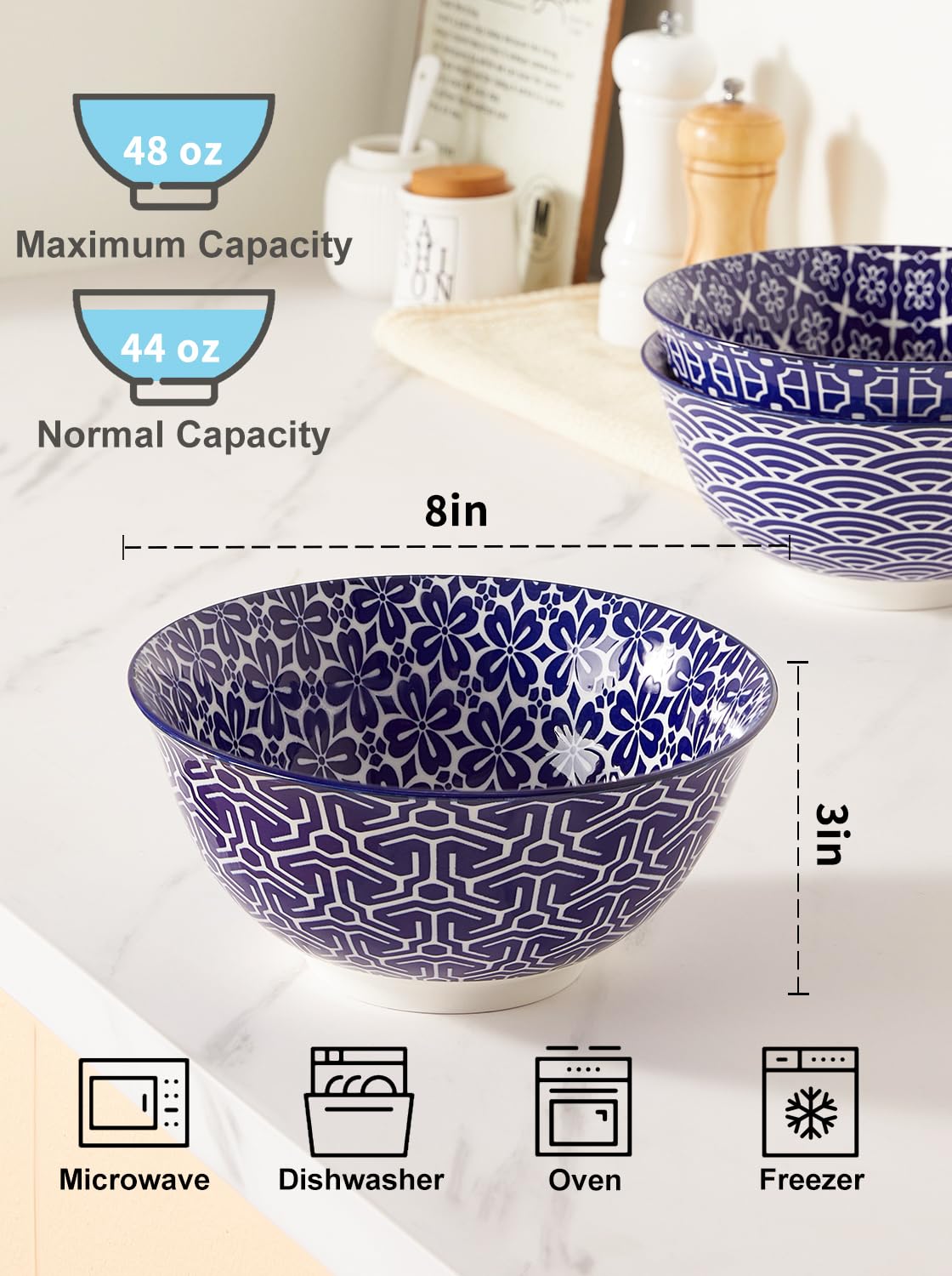 Metahom Salad Soup Bowls, Blue And White Serving Bowls For Pho, Pasta Rarmen, 48 Oz Large Ceramic Bowls For Kitchen, Set Of 3, M