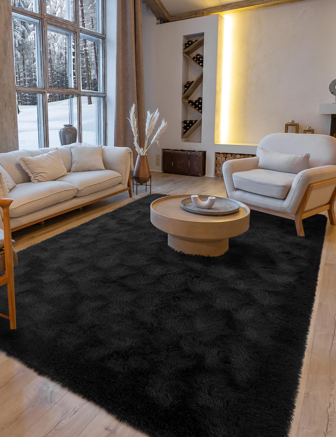 Fluffy Area Rugs for Bedroom Decor Aesthetic, 8x10 Large Black Shag Rug with Non-Slip Backing for Living Room, Fuzzy Plush Carpe
