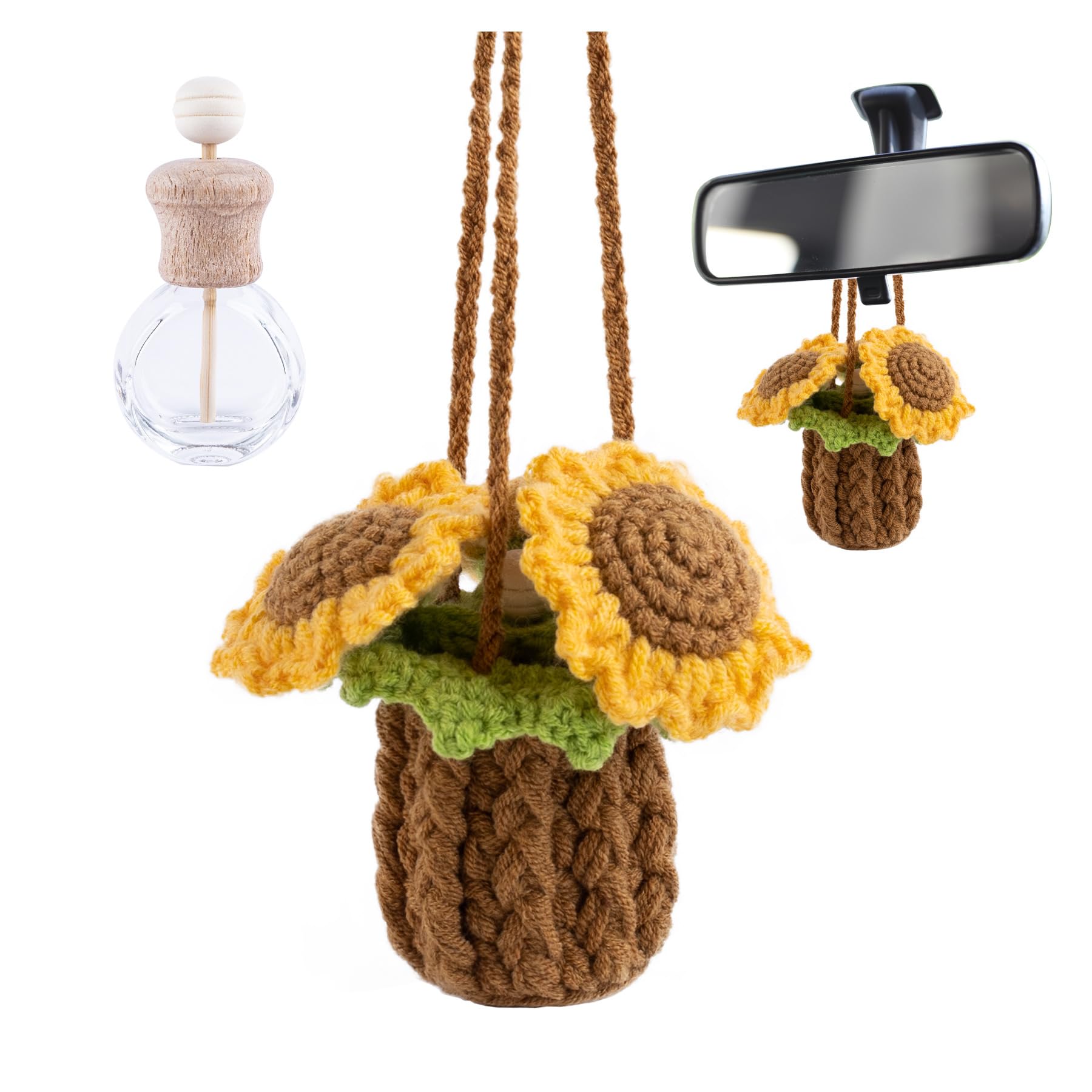 Framendino, 10 ml Sunflower Crochet Plant Oil Diffuser Car Knitted Potted Hanging with 8 ml Empty Refillable Bottle for Mirror A