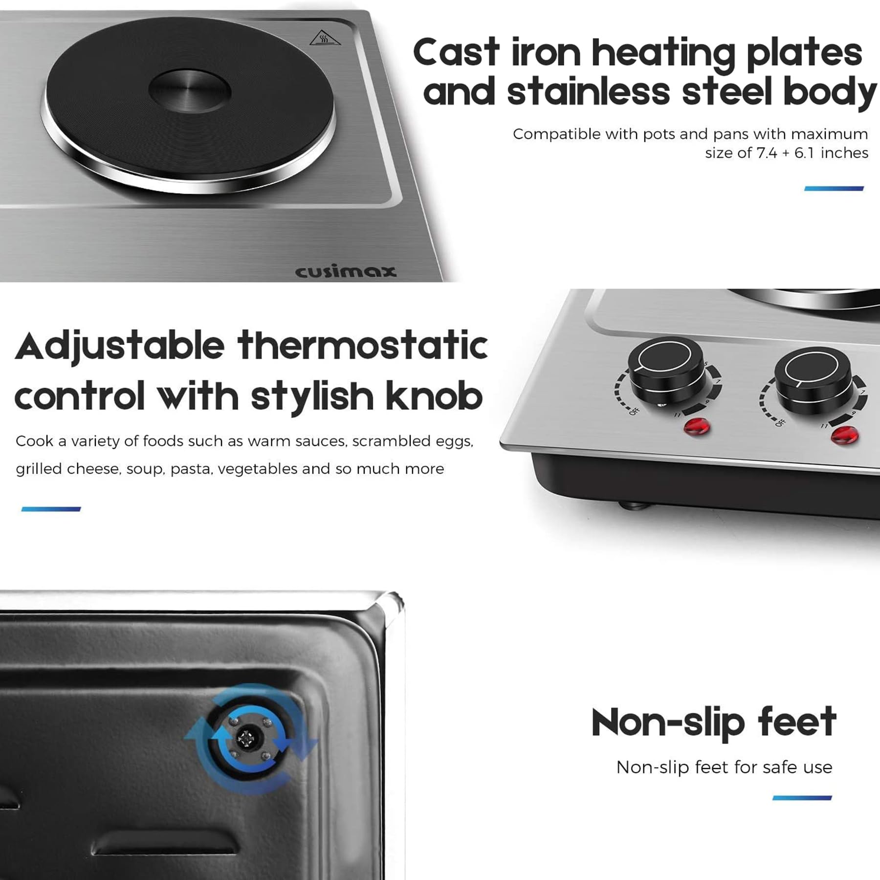 Cusimax 1800W Double Hot Plate, Stainless Steel Silver Countertop Burner Portable Electric Double Burners Electric Cast Iron Hot