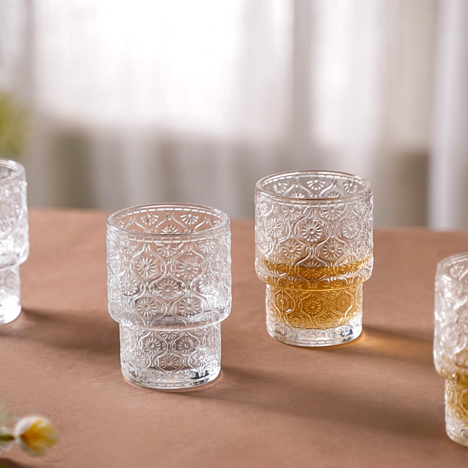 Nestasia Stackable Glasses Set of 6, Lead-Free Chip Resistant Thick Walled Drinking Glassware, Floral, 200ml each