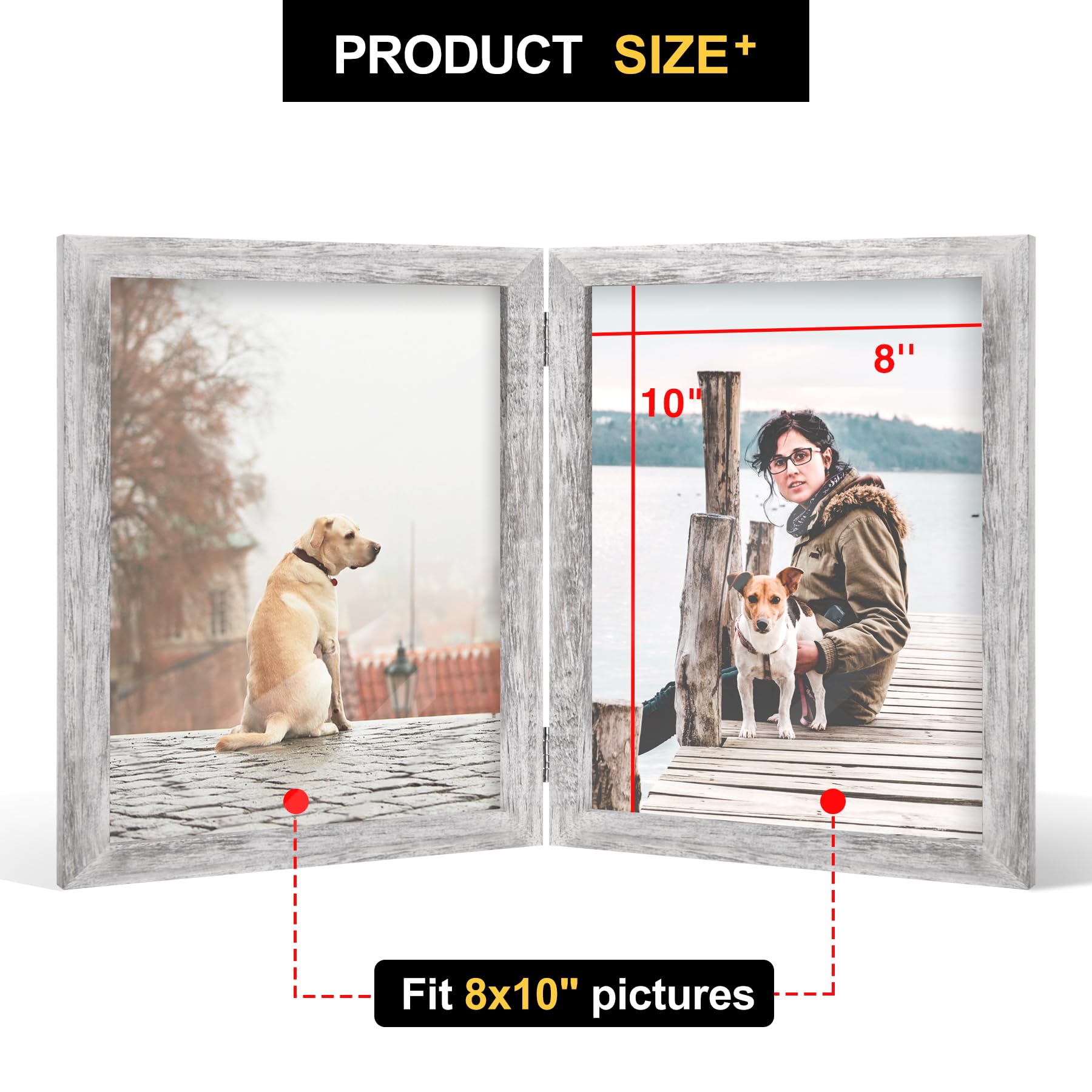 8x10 Double Picture Frame Wooden Hinged Photo Frame Definition Glass Stand Vertically on Desktop or Tabletop Distressed White