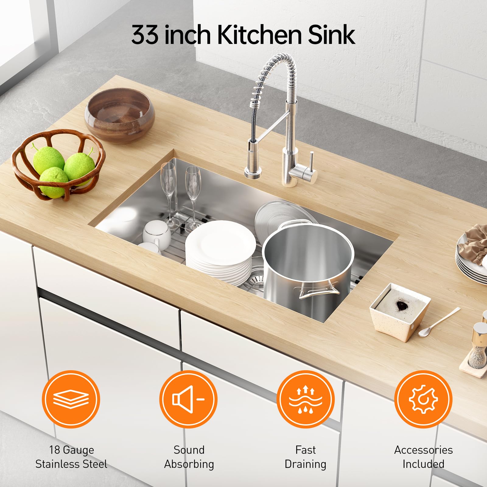 33 Inch Kitchen Sink, Tecasa Drop-In Or Undermount Sink With Faucet Combo, 12 Inches Pull-Down Faucet, Dual Mount Single Bowl T3
