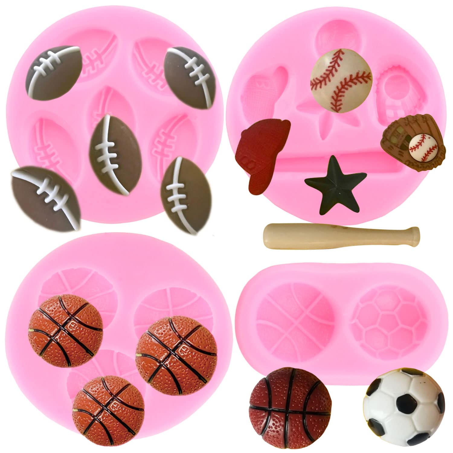 Mujiang Ball Silicone Molds Football Baseball Basketball Rugby Fondant Mold For Cake Decorating Chocolate Candy Clay Set Of 4