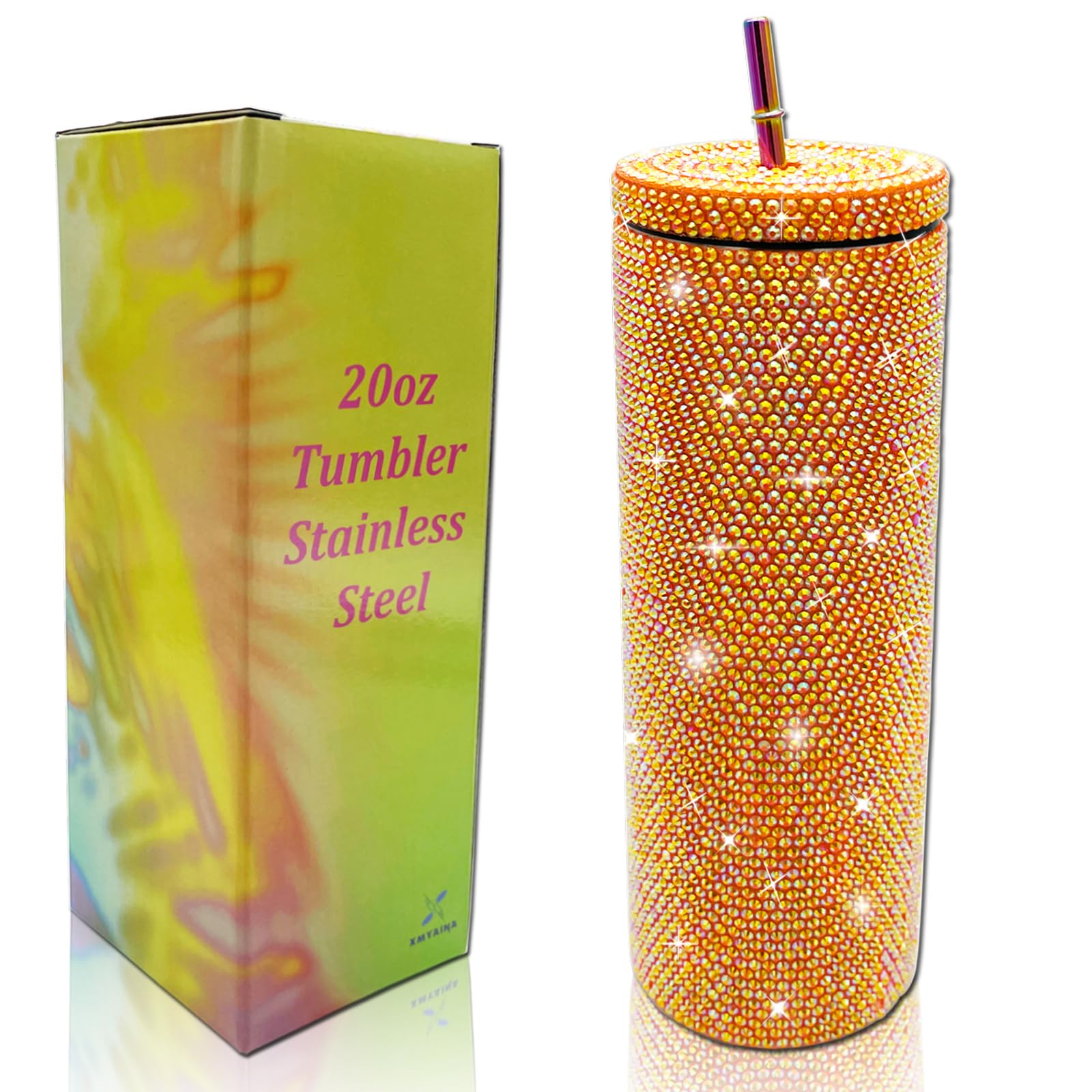 XMYAINA 20oz Bling Diamond Tumbler with Lid and Straw Studded Skinny Tumbler Stainless Steel Vacuum Insulated Water Bottle Doubl
