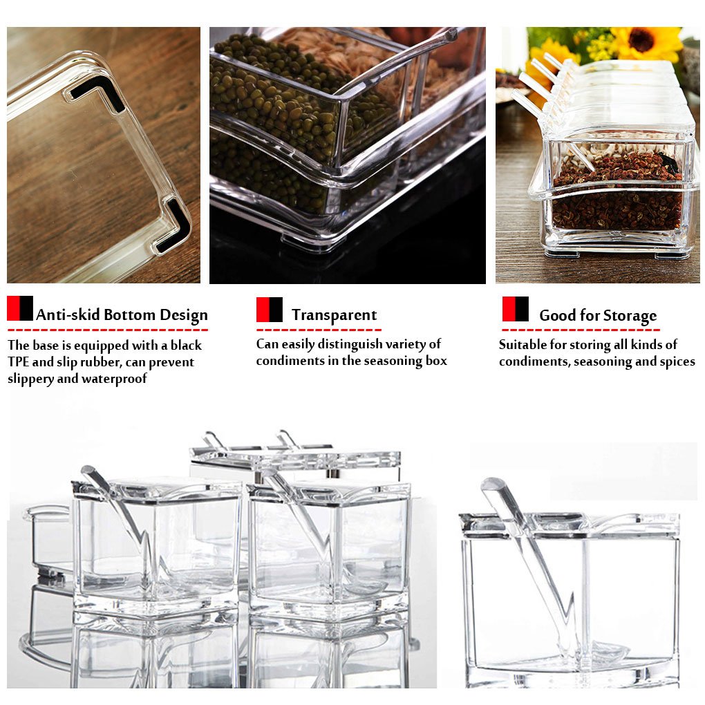 Clear Seasoning Box,V-Resourcing 4 Pieces Clear Seasoning Storage Container For Spice Salt Sugar Cruet,Condiment Jars With Spoon