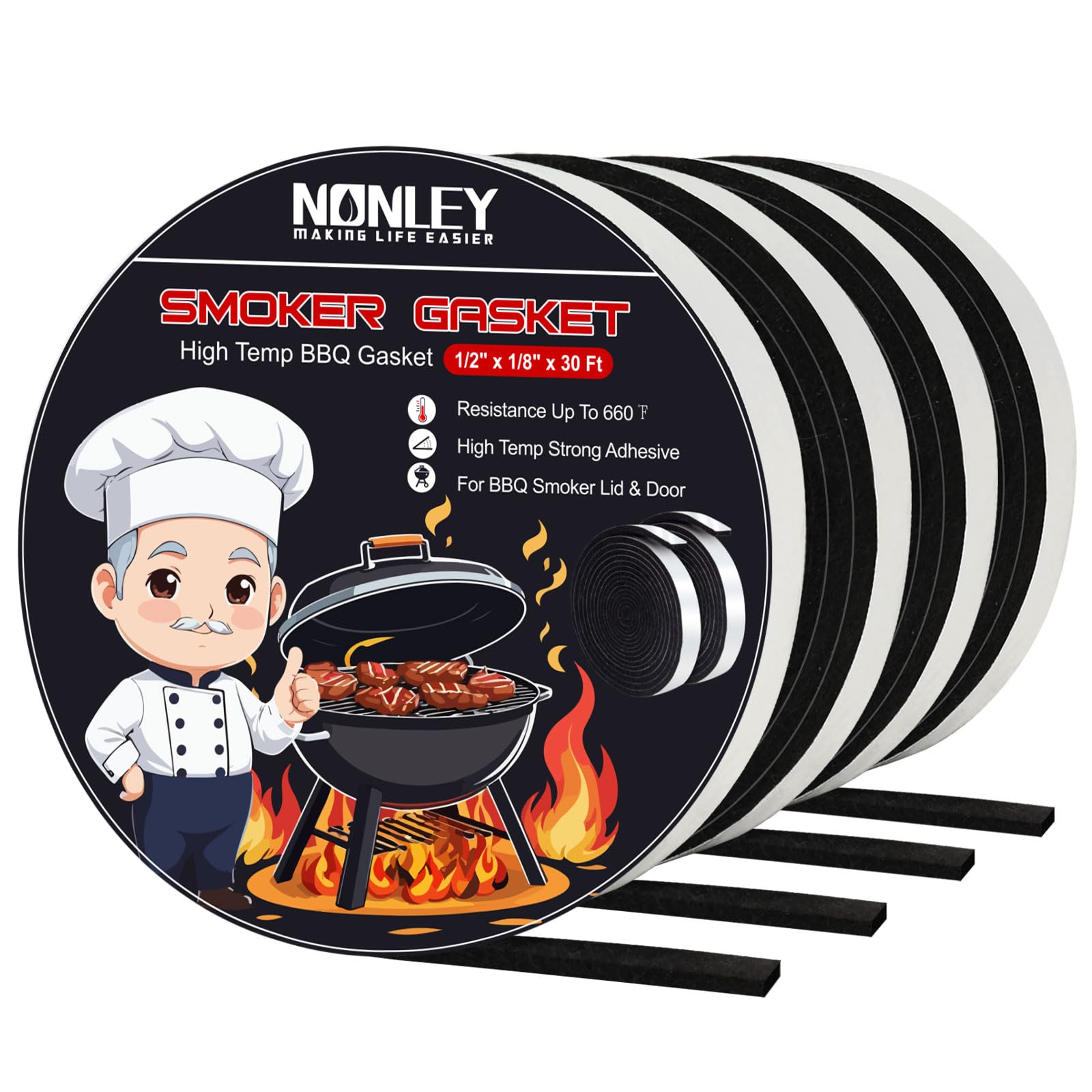 Nonley Smoker Gasket Seals 30FT - 1/2 x 1/8 High Temp Grill Gasket for Smokers - BBQ Gasket Smoker Seal Self Stick  High Heat Grill Gasket Seal Tape for Smokers BBQ Lid