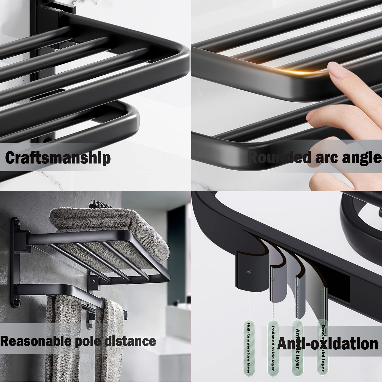 Bozwell Bathroom Lavatory Towel Rack With Two Towel Bars,24-Inch Towel Holder With Shelf Bz205-A (Matte Black)