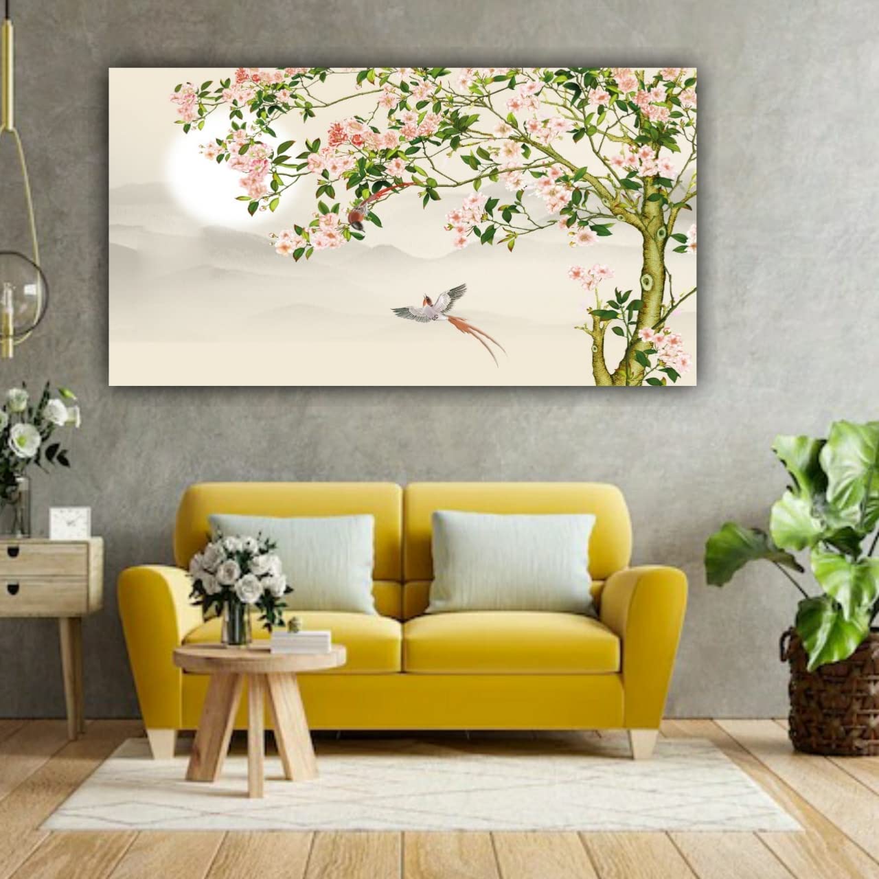 Verre Art Beautiful Parrot On A Floral Tree Canvas Wall Painting Frame For Living Room Big Size | Bedroom | Drawing Room (With W