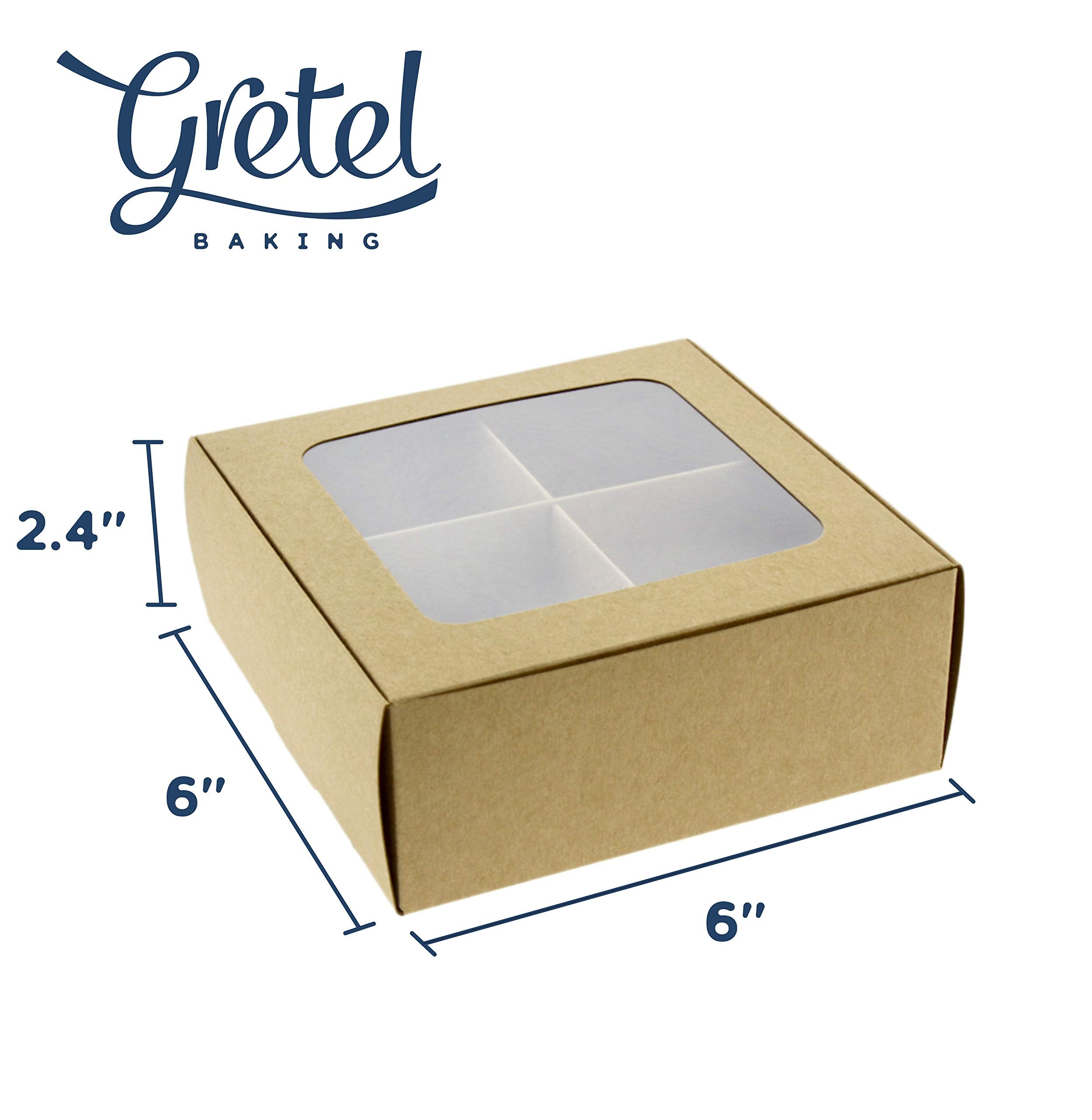 Gretel 6x6 Brown Bakery Boxes with Window and Dividers | Four Compartment Brownie Box for Small Cookies  Charcuterie  Baked Goods  and Treats | 6x6x2.4 In | 24 Pack (Kraft)
