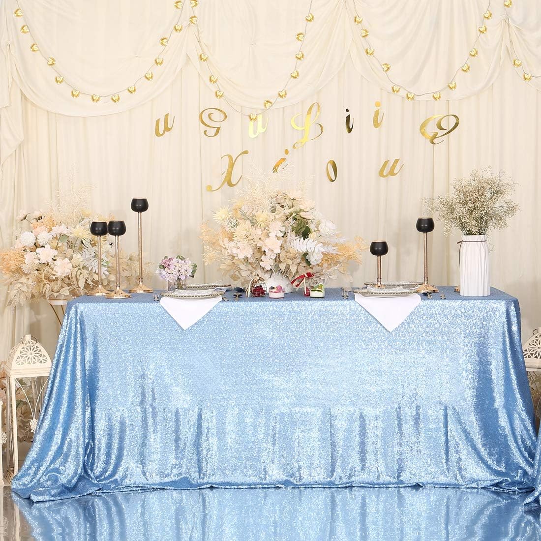 Partydelight Sequin Tablecloth, Christmas Tree Skirt, Sequin Table Overlay Square, 50''X50'', Baby Blue