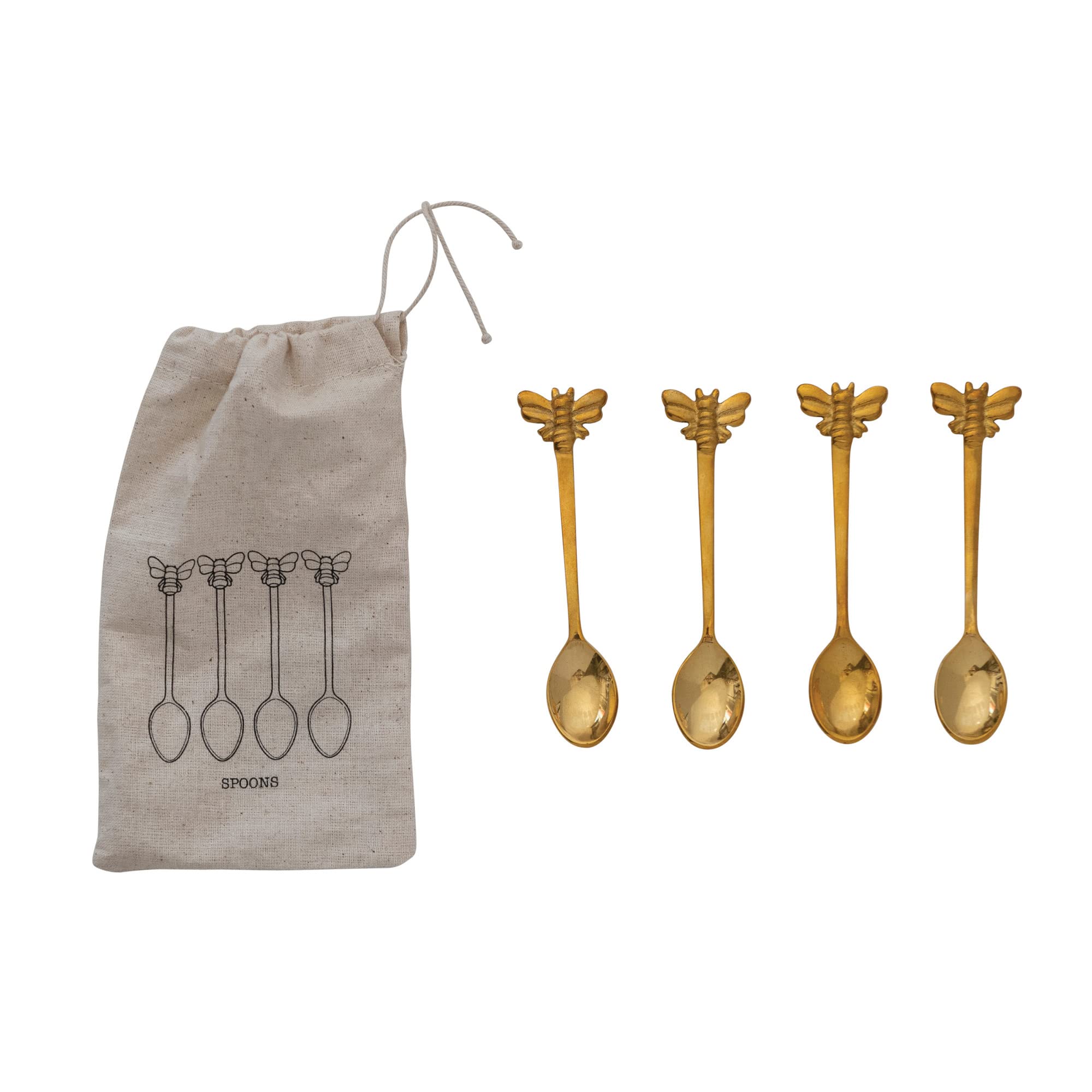 Creative Co-Op Farmhouse Brass Bee Handles In Drawstring Bag, Finish Spoon