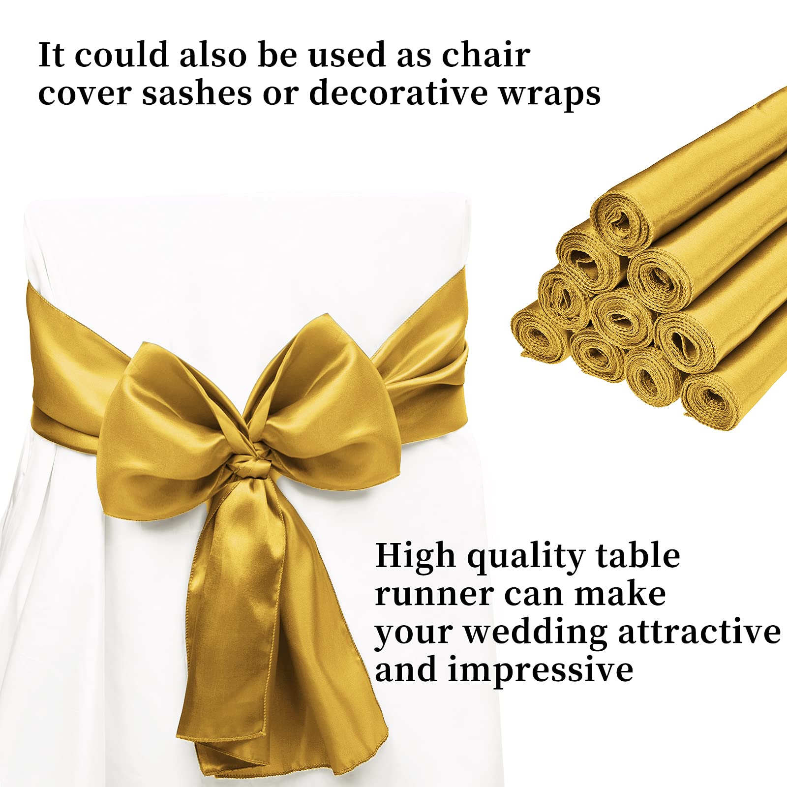 10-Pack Gold 12 X 108 Inches Long Premium Satin Table Runner For Wedding, Decorations For Birthday Parties, Banquets, Graduation