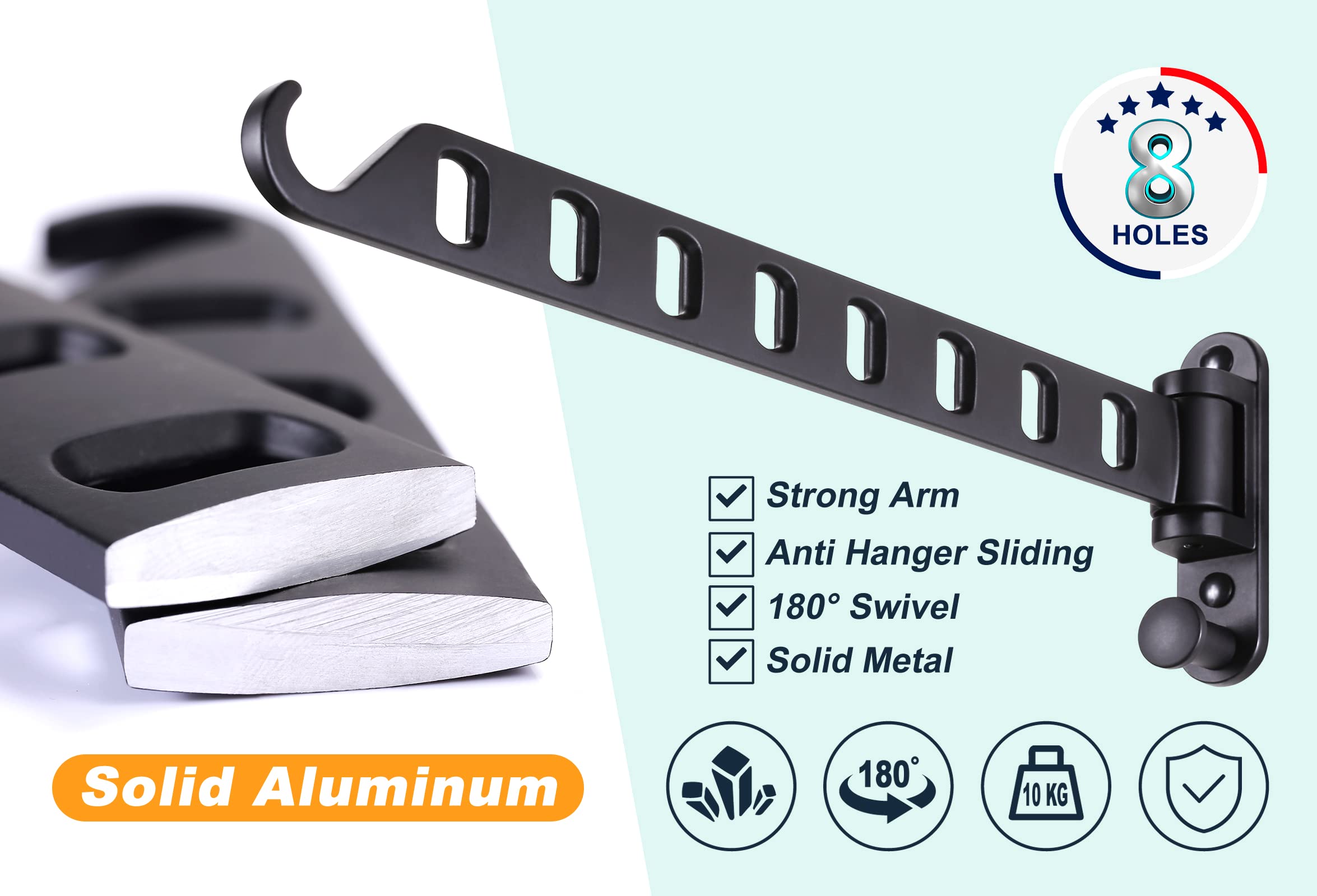 Skiken Swing Arm Clothes Hanger Rack Wall Mount, 8 Holes Hanging Rack, Laundry Room Drying Rack, 180Rotation, Swing Away Hanger