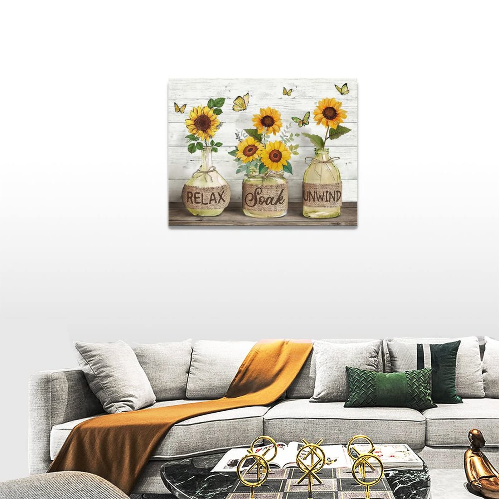 Farmhouse Bathroom Decor Wall Art Rustic Sunflower Bathroom Pictures Canvas Print Country Bathroom Painting Prints Wall Decor Framed Artwork Decor for Living Room Bathroom 12''x16''
