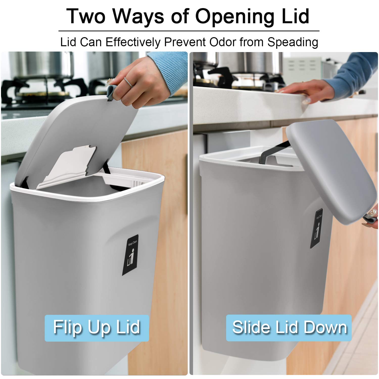 Tiyafuro 2.4 Gallon Kitchen Compost Bin for Counter Top or Under Sink  Hanging Small Trash Can with Lid for Cupboard/Bathroom/Bedroom/Office/Camping  Mountable Indoor Compost Bucket  Gray
