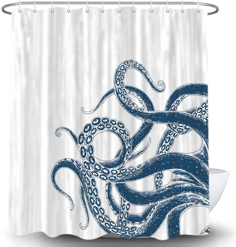 Veigike Octopus Decor Shower Curtain For Bathroom, Funny Blue And White Sea Monster Kraken Animal Fabric Shower Curtains Set, Un