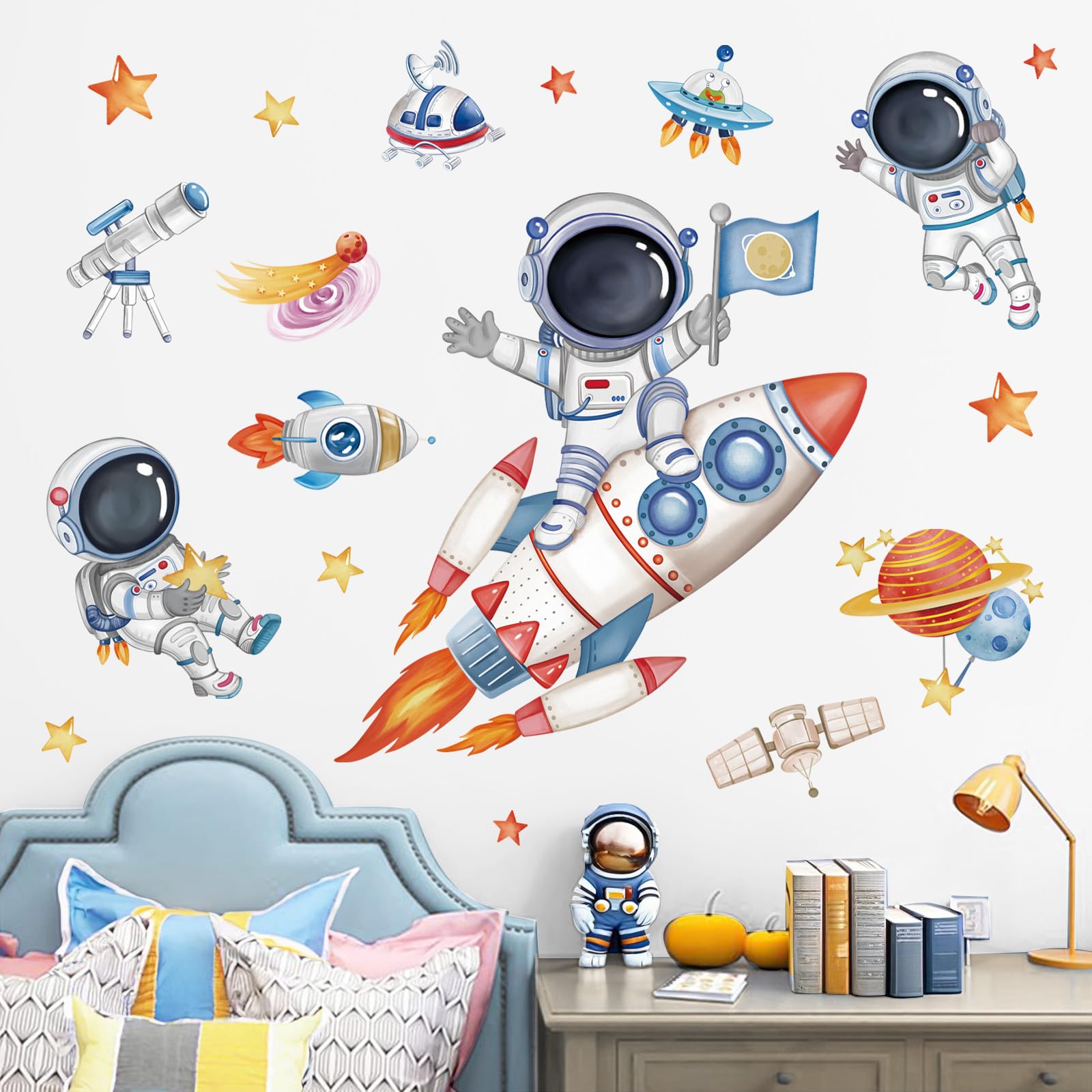 Wondever Rocket Astronaut Wall Stickers Universe Space Planet Outer Space Peel And Stick Wall Art Decals For Baby Nursery Kids B