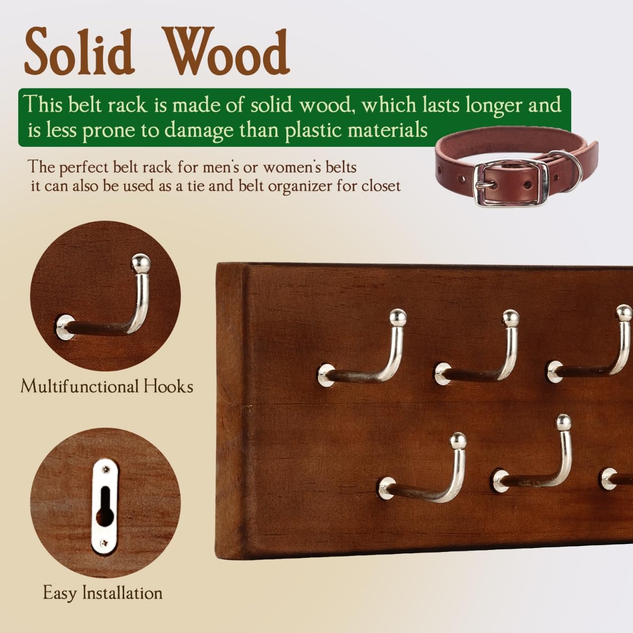 Treehouse Belt Organizer Rack, Holds Over 28 Large Belts, Sturdy Metal & Sturdy Wood Storage Holder For Closet, Versatile, Wall