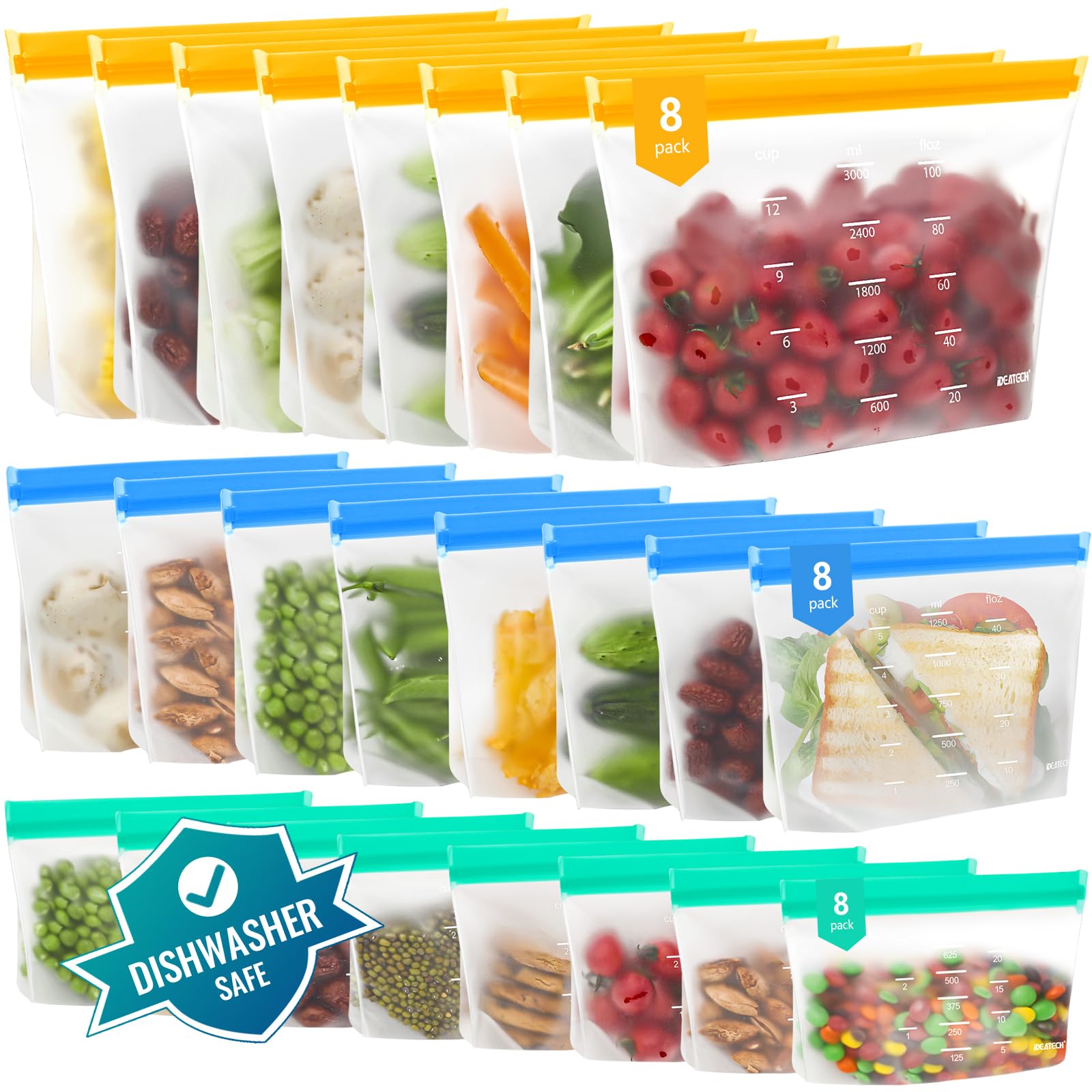 IDEATECH 24Pack Reusable Food Storage Bags Dishwasher Safe, Leakproof Reusable Freezer Bags Stand Up, BPA Free Food Gallon Sandw