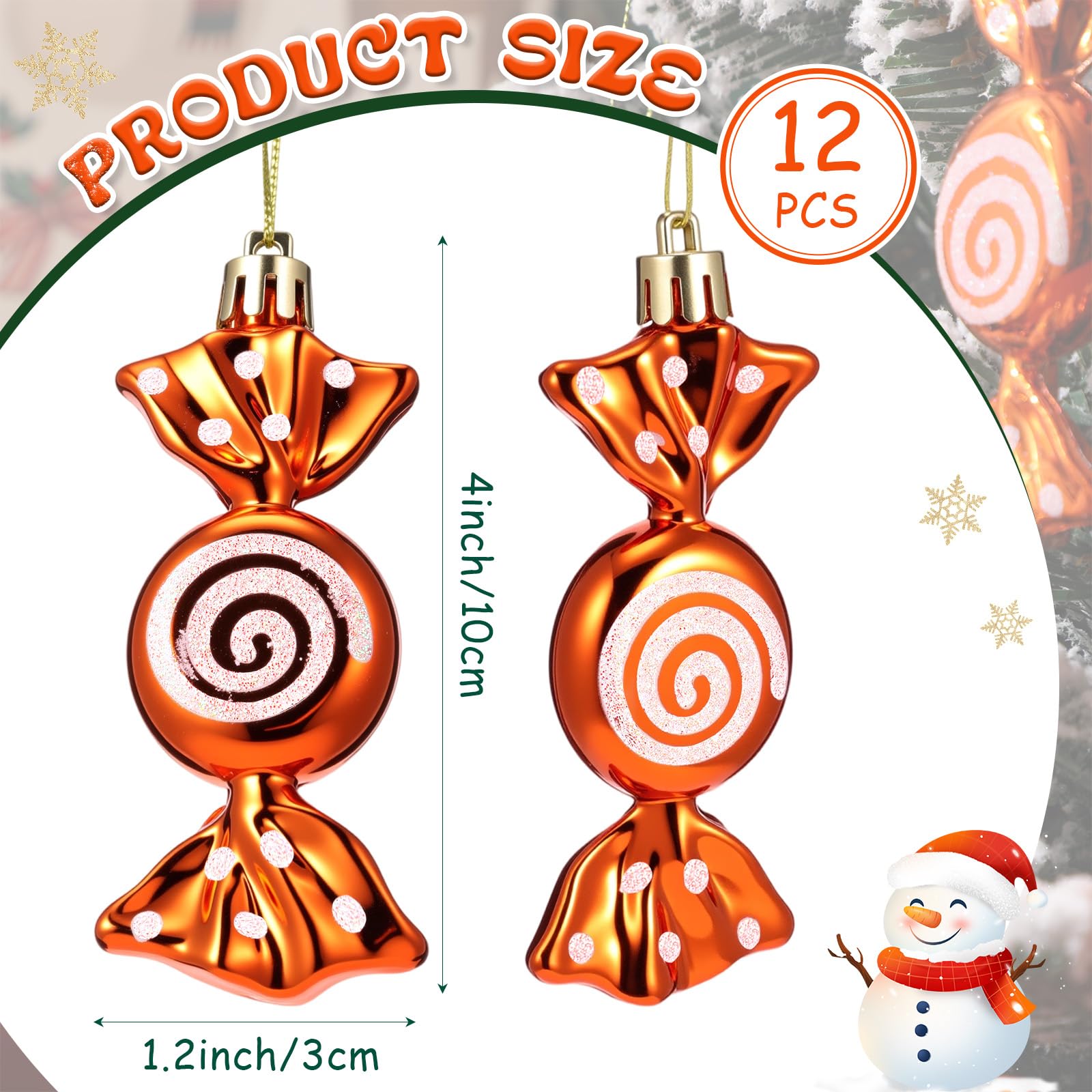 Threan 12 Pcs Christmas Candy Ornaments Hanging Glitter Candy Cane Decoration Xmas Tree Peppermint Ornament with Golden Rope for