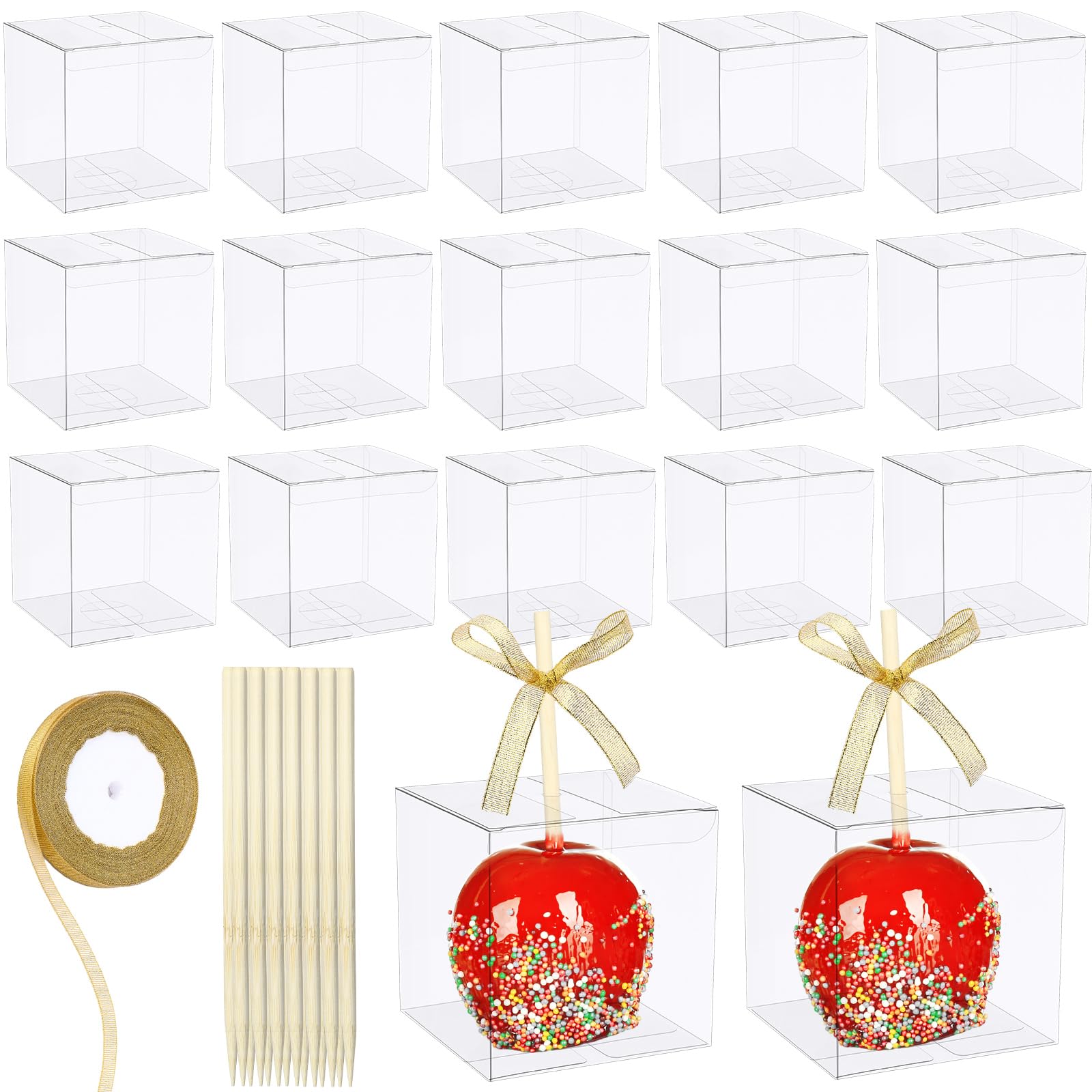 Wesiti 60 Sets 4''X 4''X 4'' Candy Apple Boxes For Treats Clear Candy Apple Boxes With Hole Transparent Cake Boxes With Bamboo P
