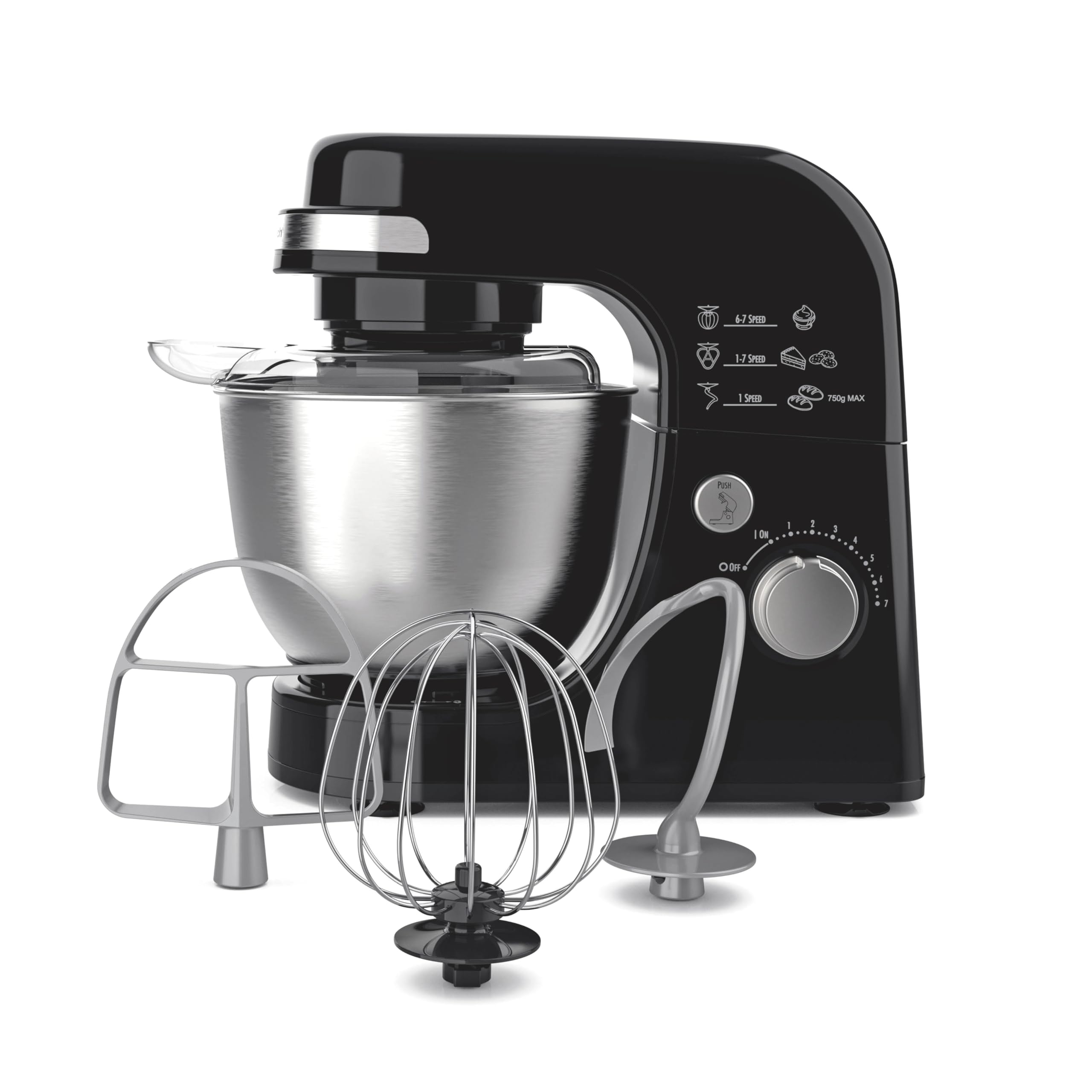 Hamilton Beach Electric Stand Mixer, 4 Quarts, Dough Hook, Flat Beater Attachments, Splash Guard 7 Speeds With Whisk, Black