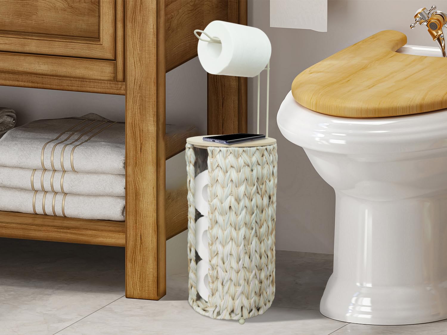 Coeusy Free Standing Toilet Paper Holder With Storage,4 Rolls Of Tissue Holder For Bathroom,Handmade Woven Boho Bathroom Decor T