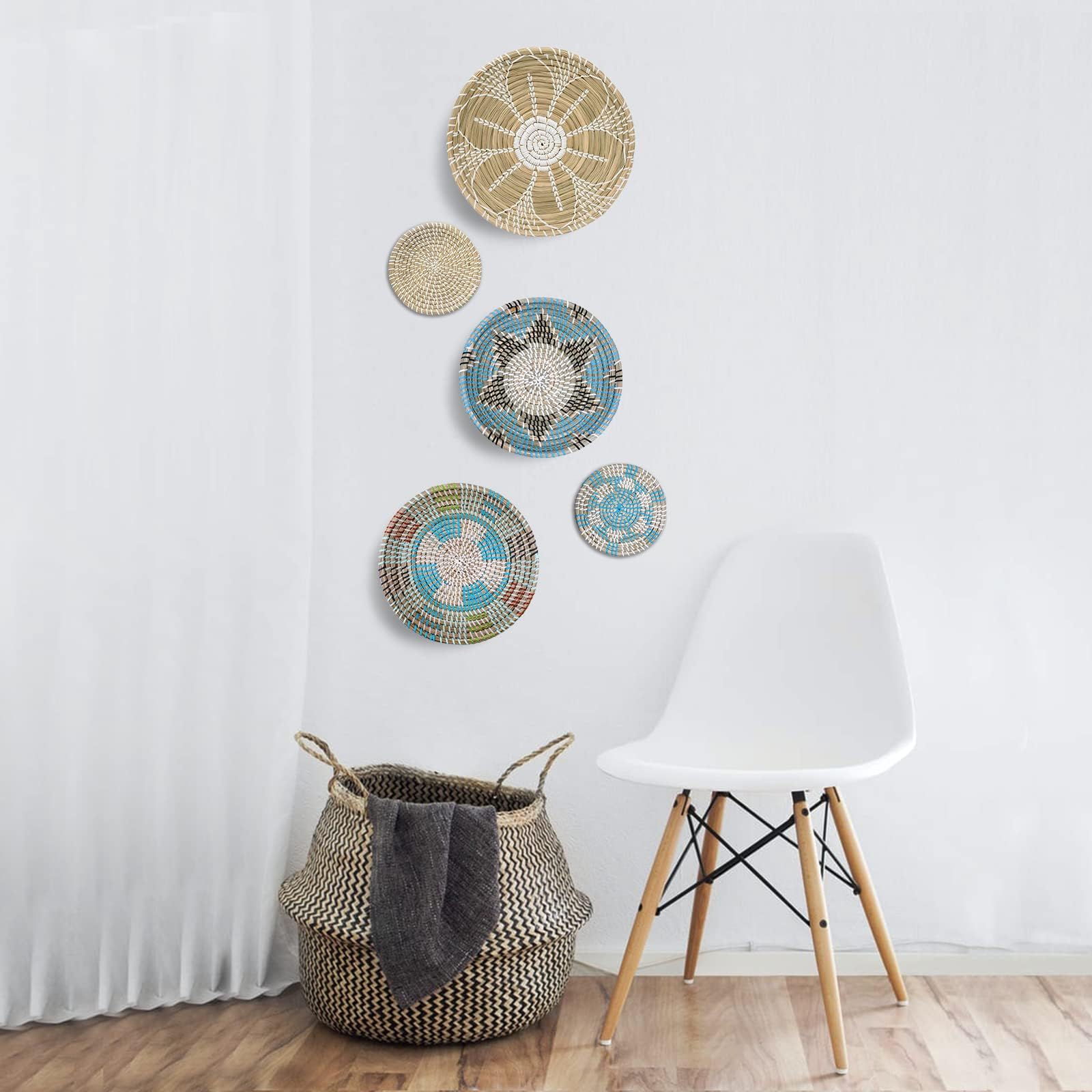 Coyacool Hanging Woven Wall Basket Decor - Wicker Wall Baskets Decor Boho Flat Set Of 5 - Boho Wall Decor Art - African Baskets