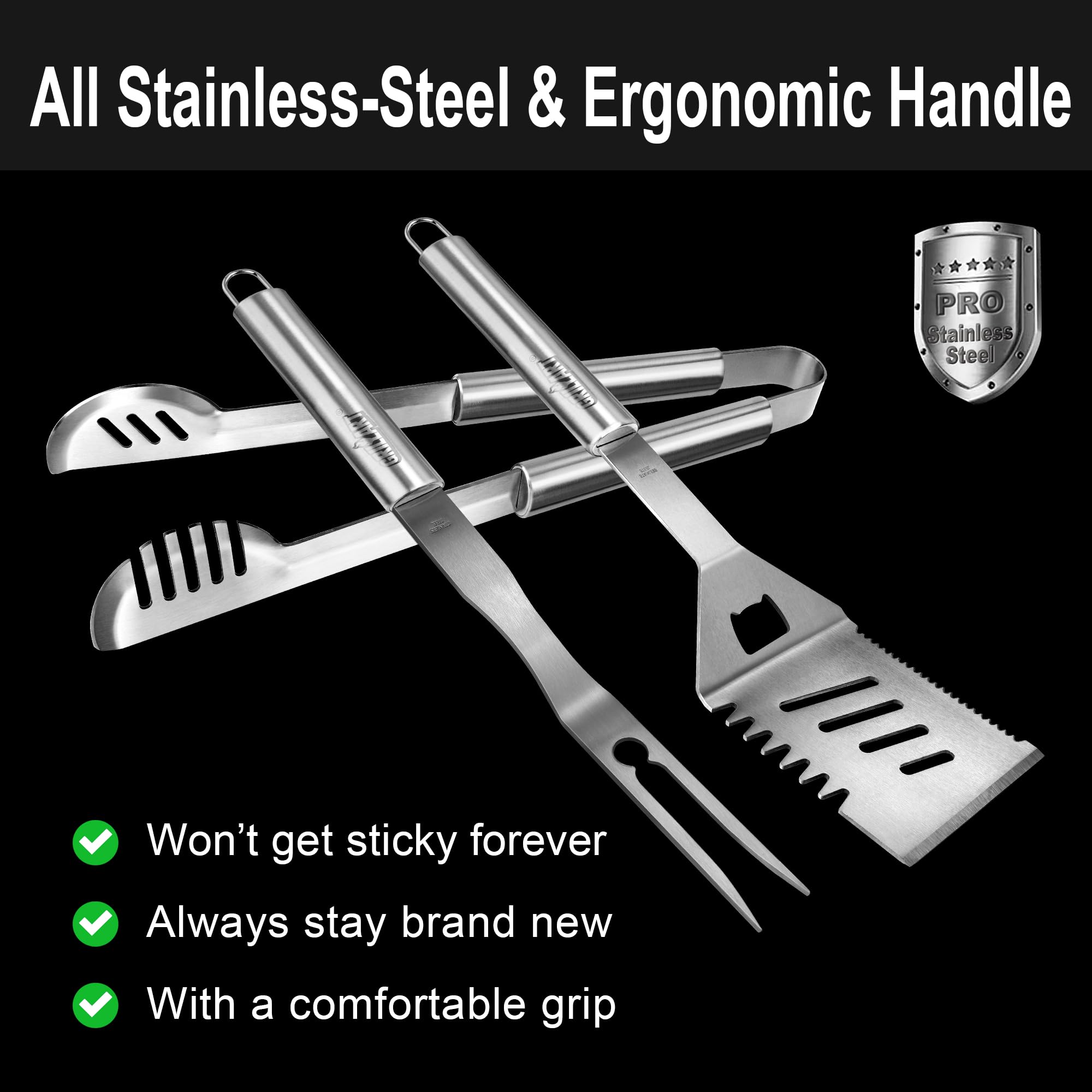 Grillart Grill Tools Grill Utensils Set - 3Pcs Bbq Tools, Stainless Barbeque Grill Accessories -Spatula/Tongs/Fork W/Insulated G
