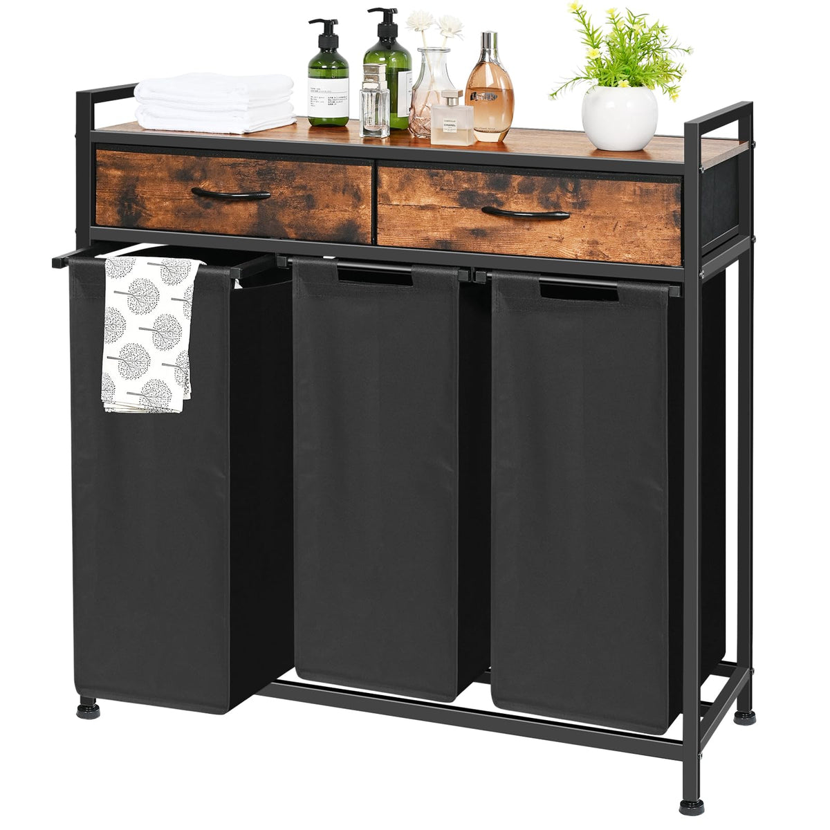 Laundry Sorter 3 Section, Laundry Hamper With Shelf And 2 Drawers, 180L Laundry Basket, Laundry Organizer Cart, Pull-Out And Rem