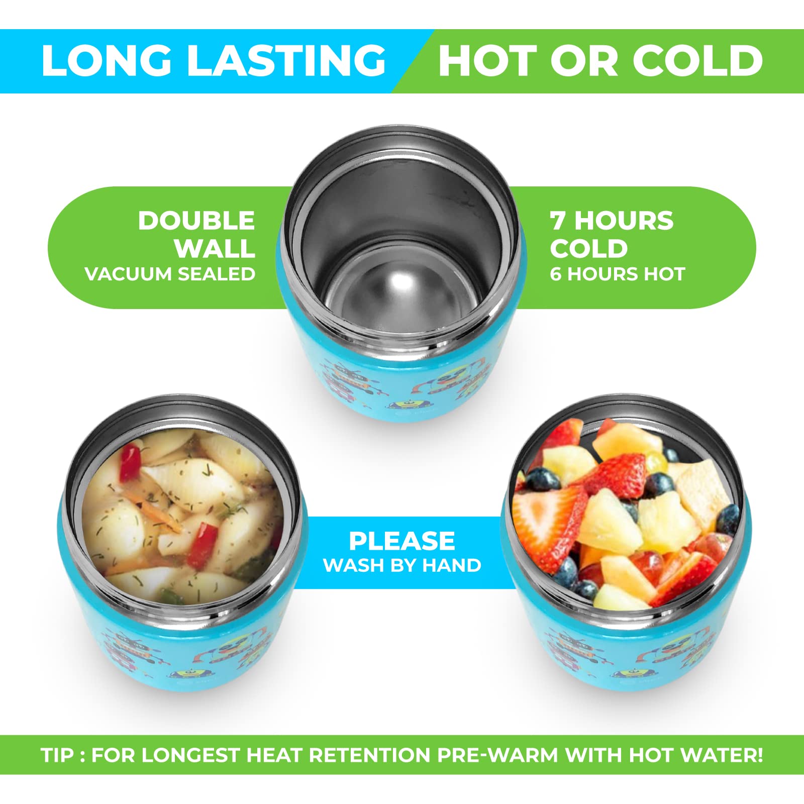 kinsho Kids Thermos for Hot Food Soup Lunch  Insulated Stainless Steel Wide Mouth Jar  Container for Girls Toddlers Day Care Pre-School  Leakproof Easy Grip Thermal Vacuum Seal 10 oz  Robots