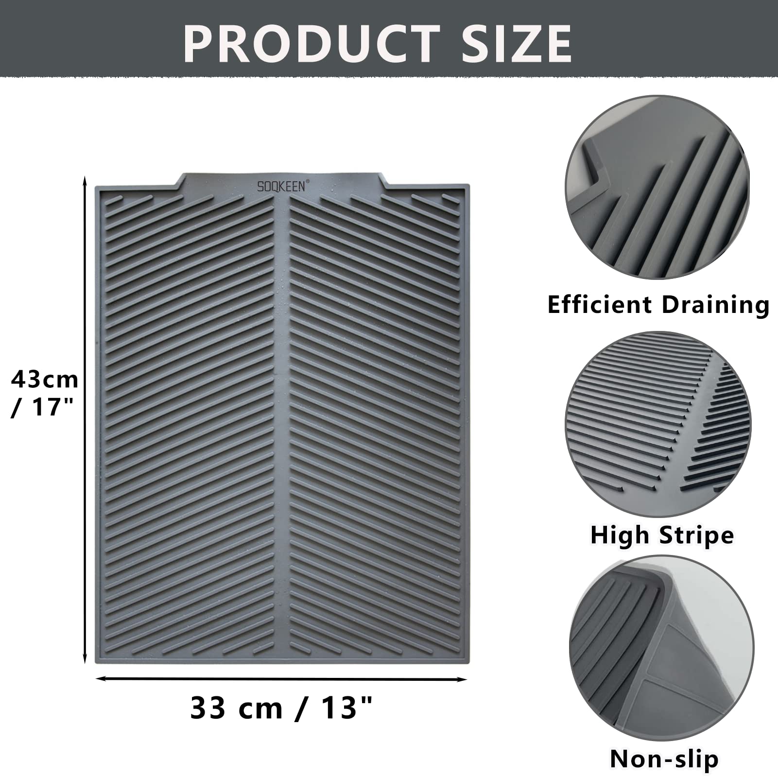 SOQKEEN Silicone Dish Drying Mat 17 x 13 Kitchen Dish Drainer Heat Resistant Mat collapsible Sink Non Slip Kitchen Draining Board grey Sink Mats for Kitchen counter