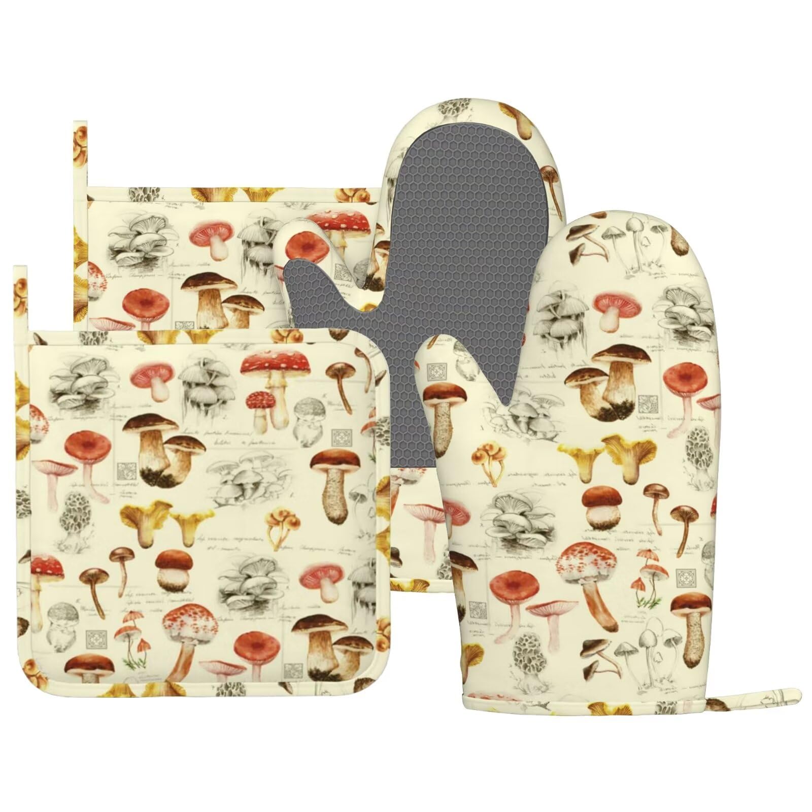 Mifsoiavv Mushroom Oven Mitts And Pot Holders Sets Silicone Vintage Mushrooms Kitchen Mitts Potholders Heat Resistant 4Pcs Oven