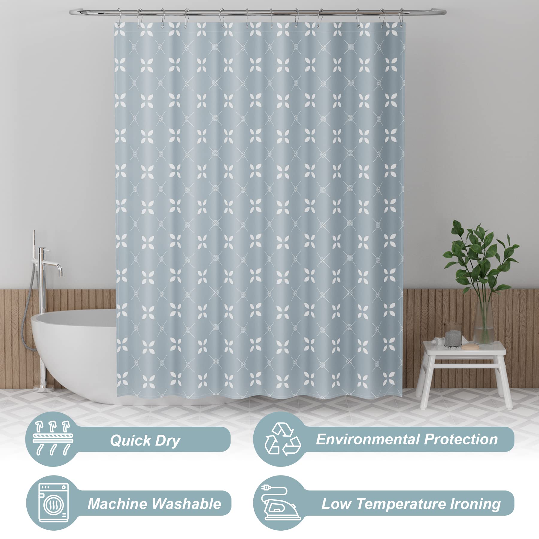 Amazerbath Shower Curtain Blue, Cloth Blue And White Floral Fabric Shower Curtain Sets With 12 Shower Curtain Hooks, Rustic Home