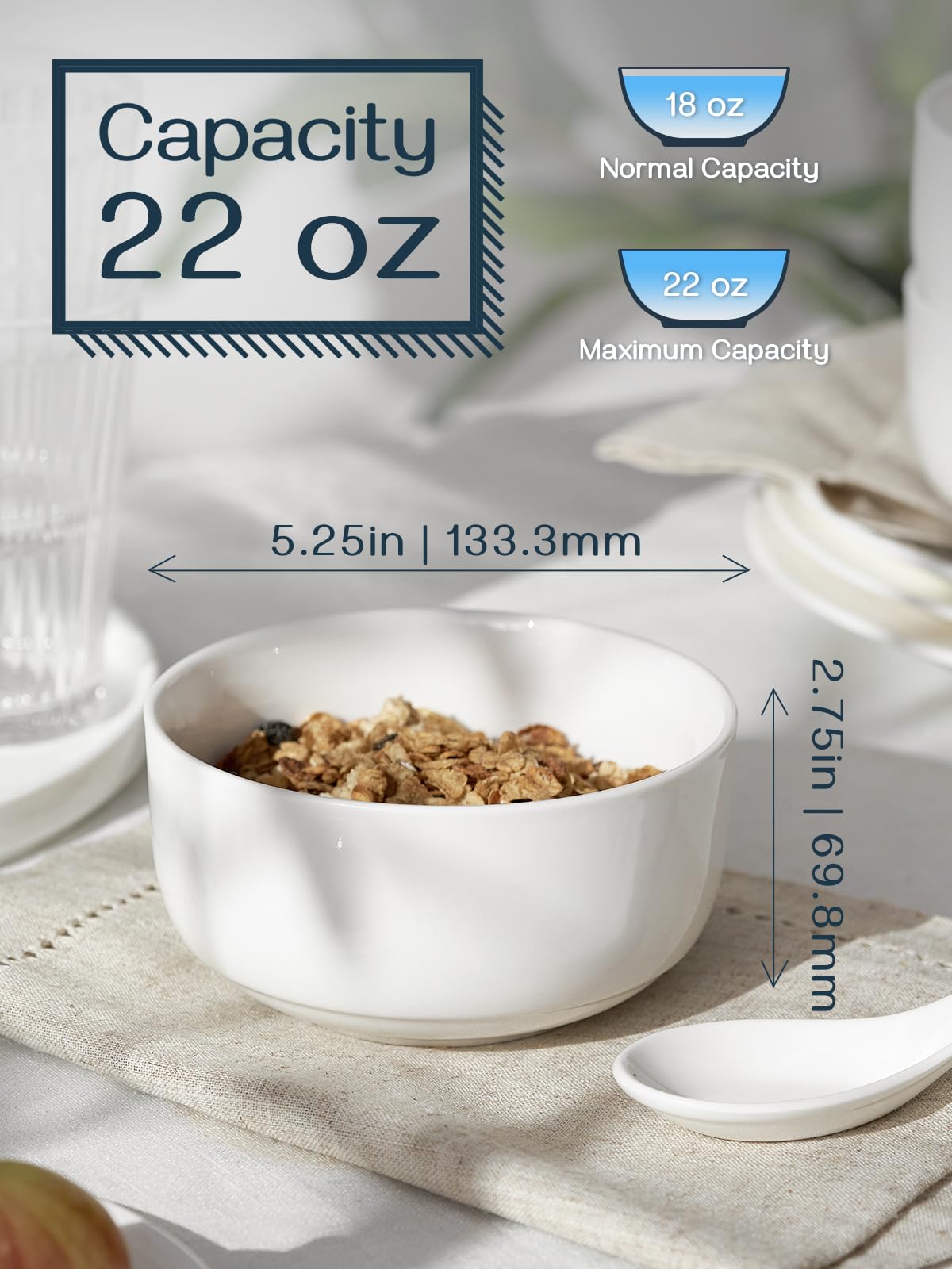 DOWAN 22 OZ White Bowls Set of 6 - Ceramic Small Bowls for Cereal  Soup  Dessert  Oatmeal  Rice  Pasta  Chips  Fruit - Dishwasher & Microwave Safe