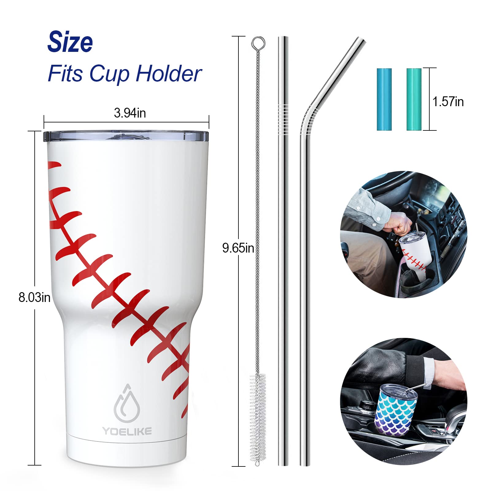 Yoelike Baseball Tumbler 30 Oz Stainless Steel Double Wall Vacuum Insulated Cup With Straws, Splash Proof Lids, Straw Clean Brus