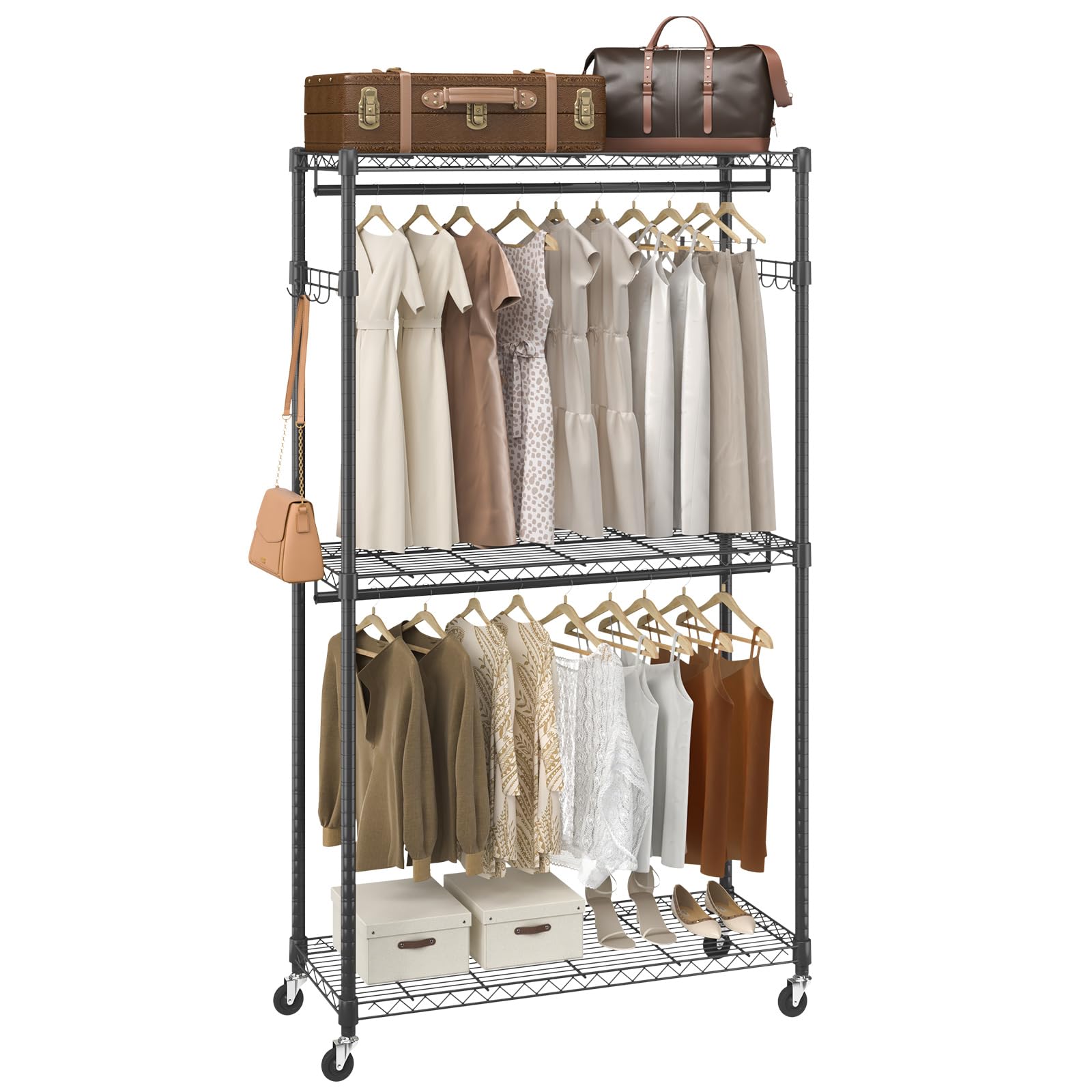 Vevor Heavy Duty Clothes Rack, Rolling Clothing Garment Rack With 3 Storage Tiers, 2 Rods And 2 Pairs Side Hooks, Adjustable Hei