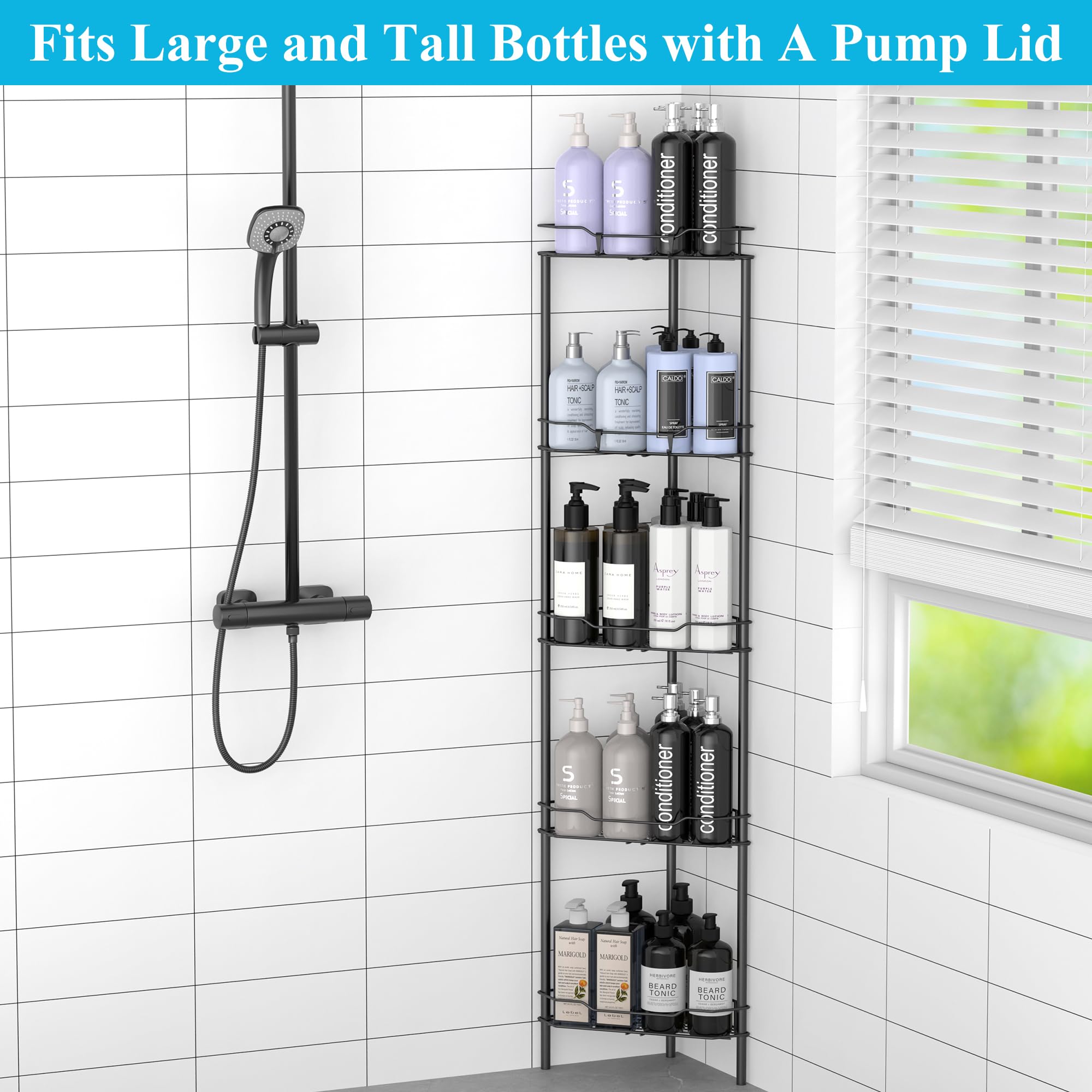 Huggiegems 5 Tier Floor Standing Corner Shower Caddy Organizer Shelf With Hooks, Bathroom Shelves Stand Rack, Black