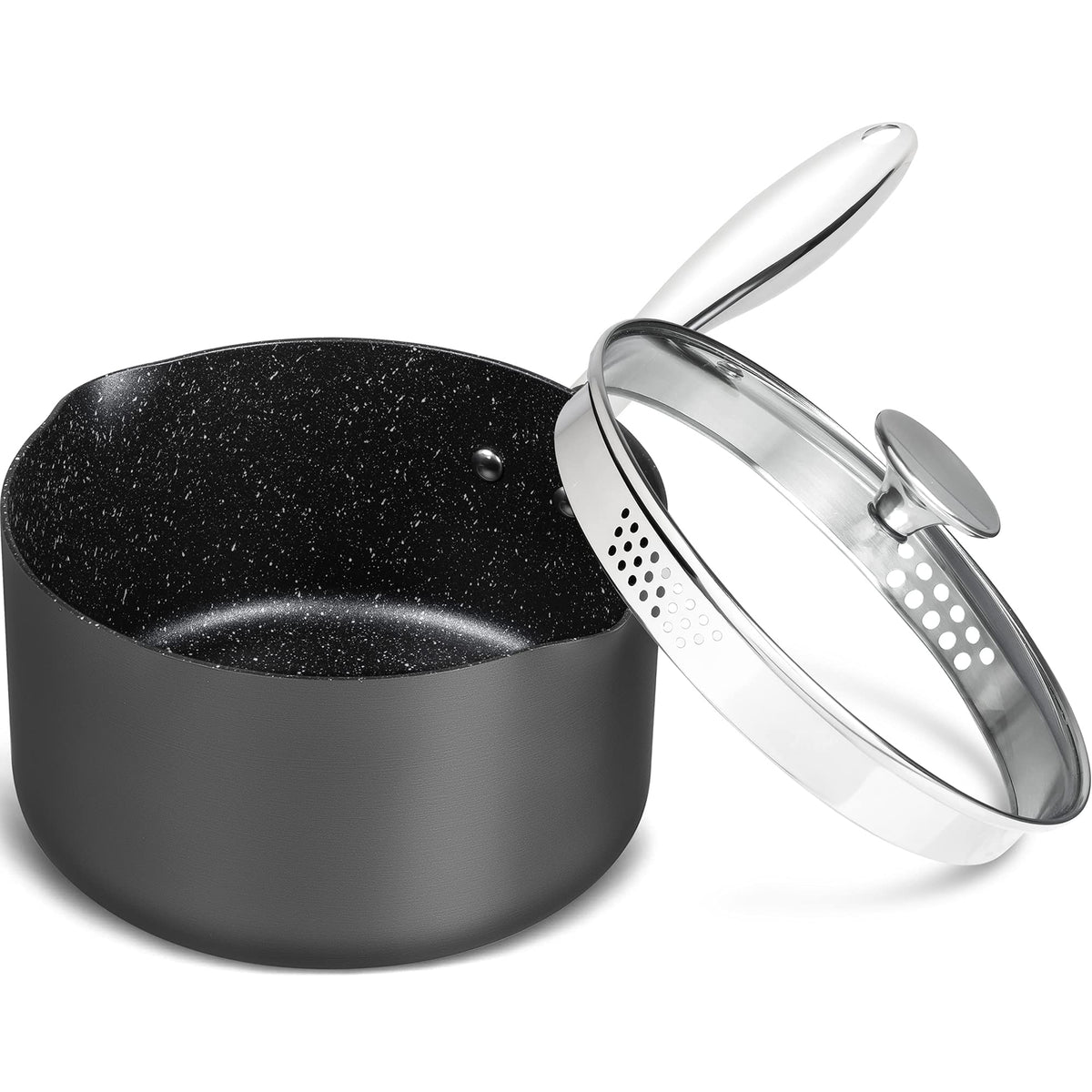 Michelangelo 3 Quart Saucepan With Lid, Hard Anodized Nonstick Sauce Pan With Strainer Lid & Pour Spouts For Easy Pour, Granite